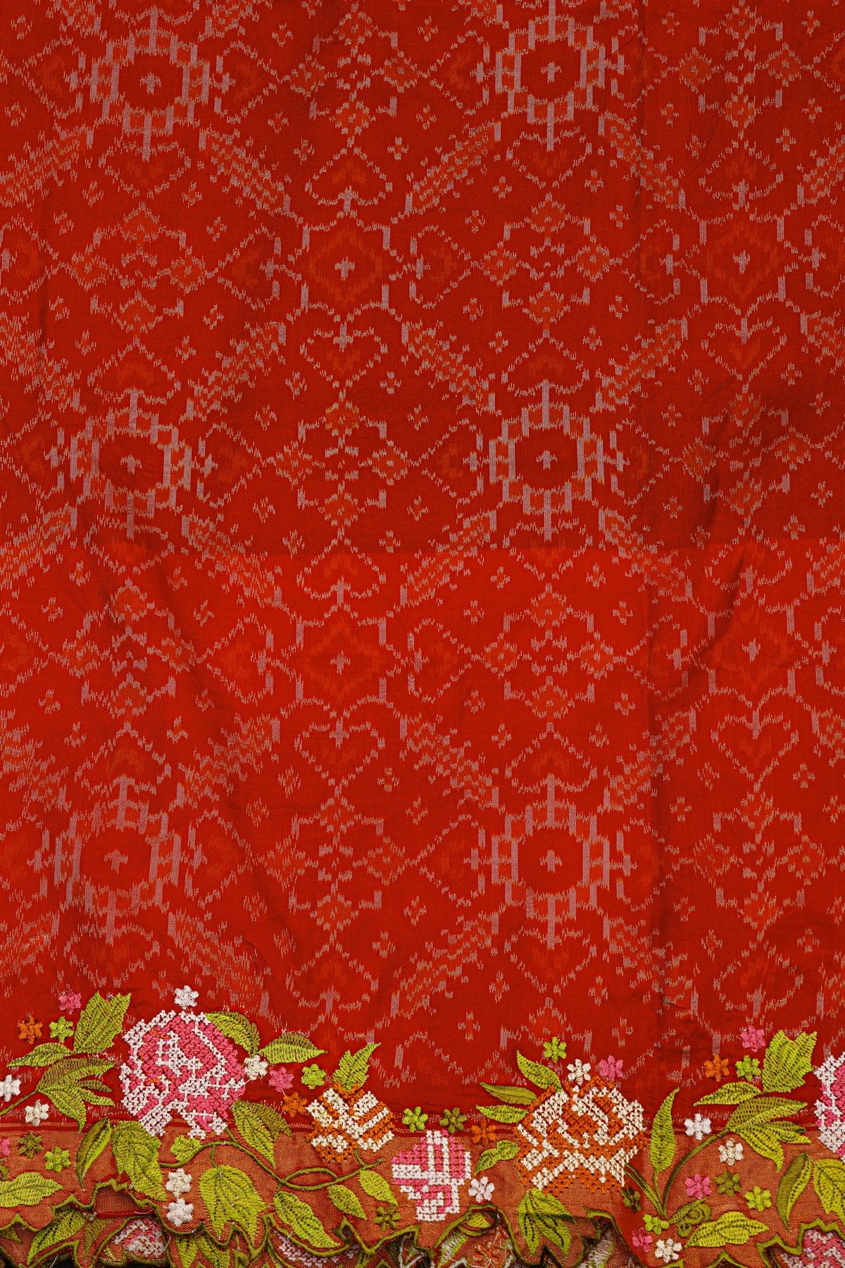 Fusion Ikat Silk Bottle Green Saree With Pochampally Weave Body