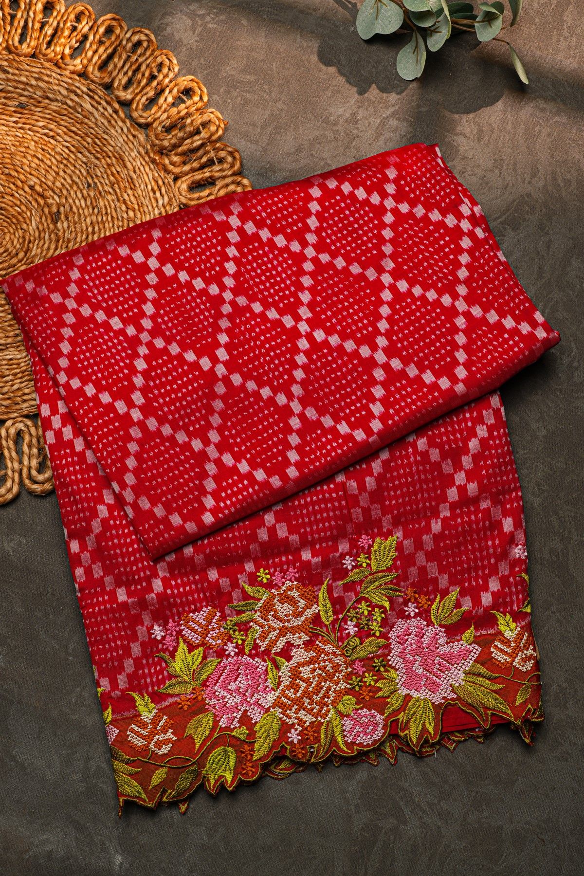 Fusion Ikat Silk Red Saree With Pochampally Weave Body