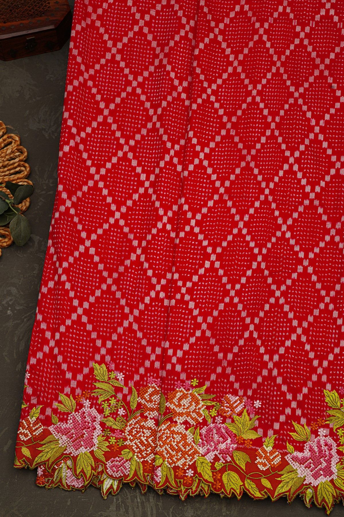 Fusion Ikat Silk Red Saree With Pochampally Weave Body