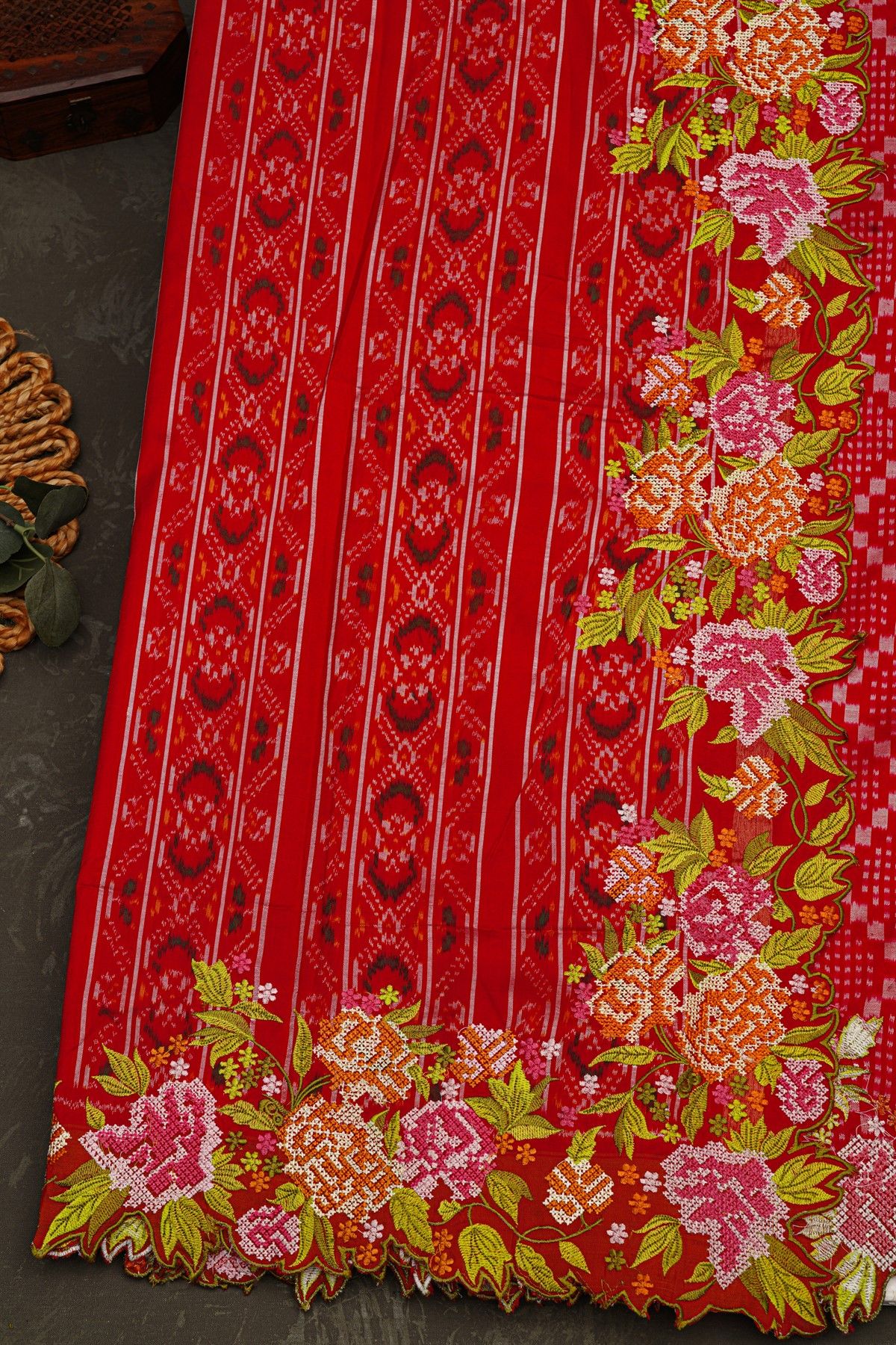Fusion Ikat Silk Red Saree With Pochampally Weave Body
