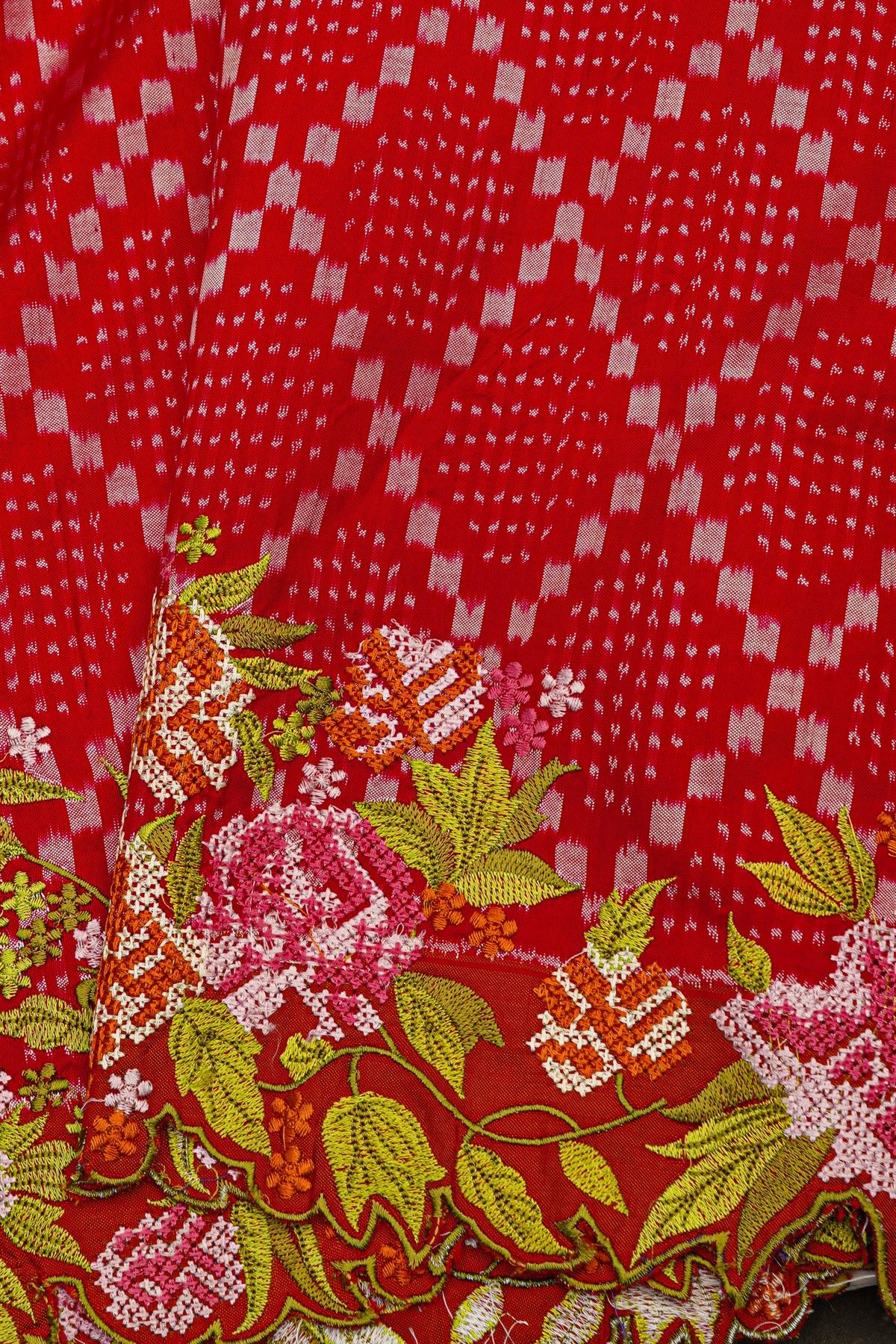 Fusion Ikat Silk Red Saree With Pochampally Weave Body