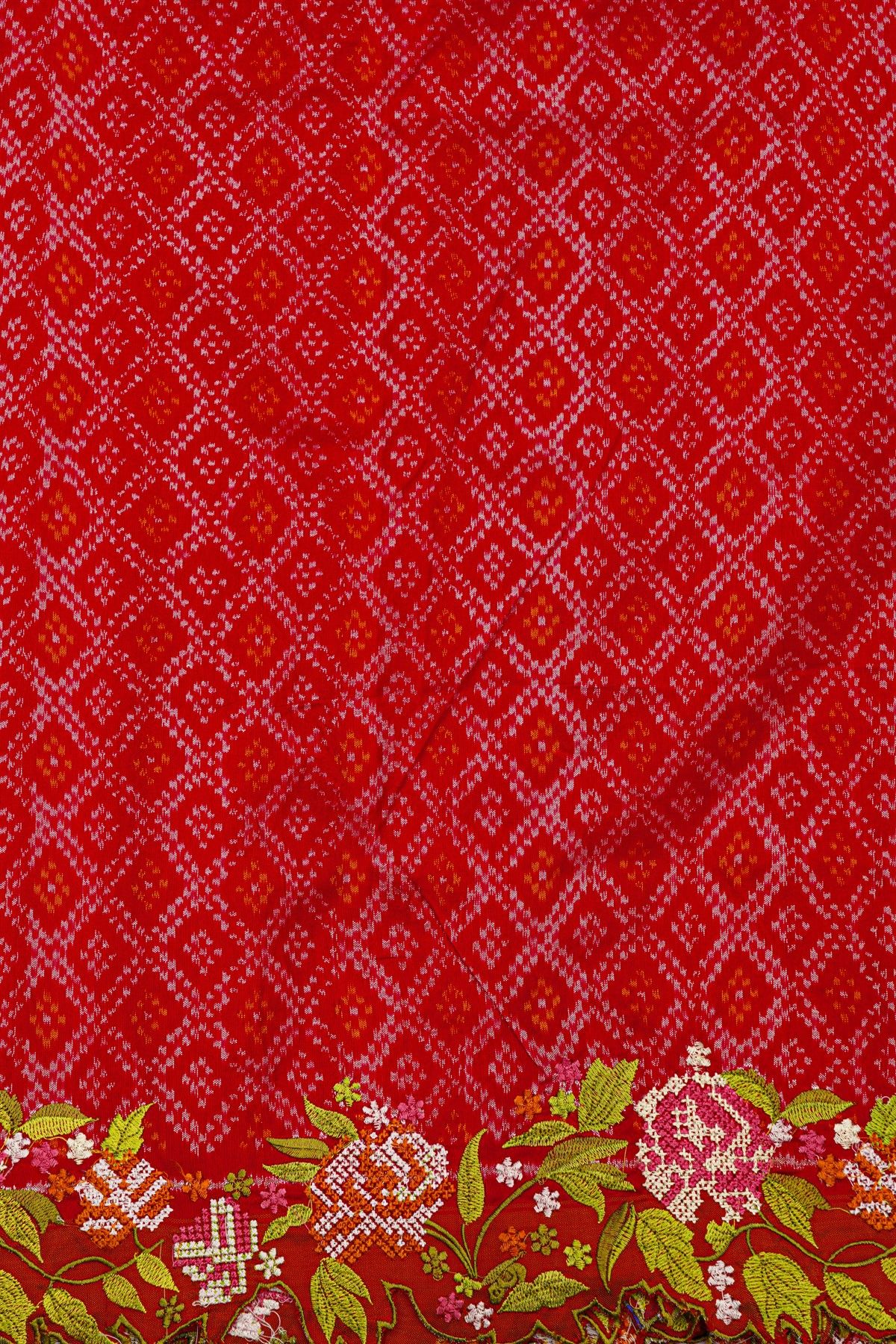 Fusion Ikat Silk Red Saree With Pochampally Weave Body