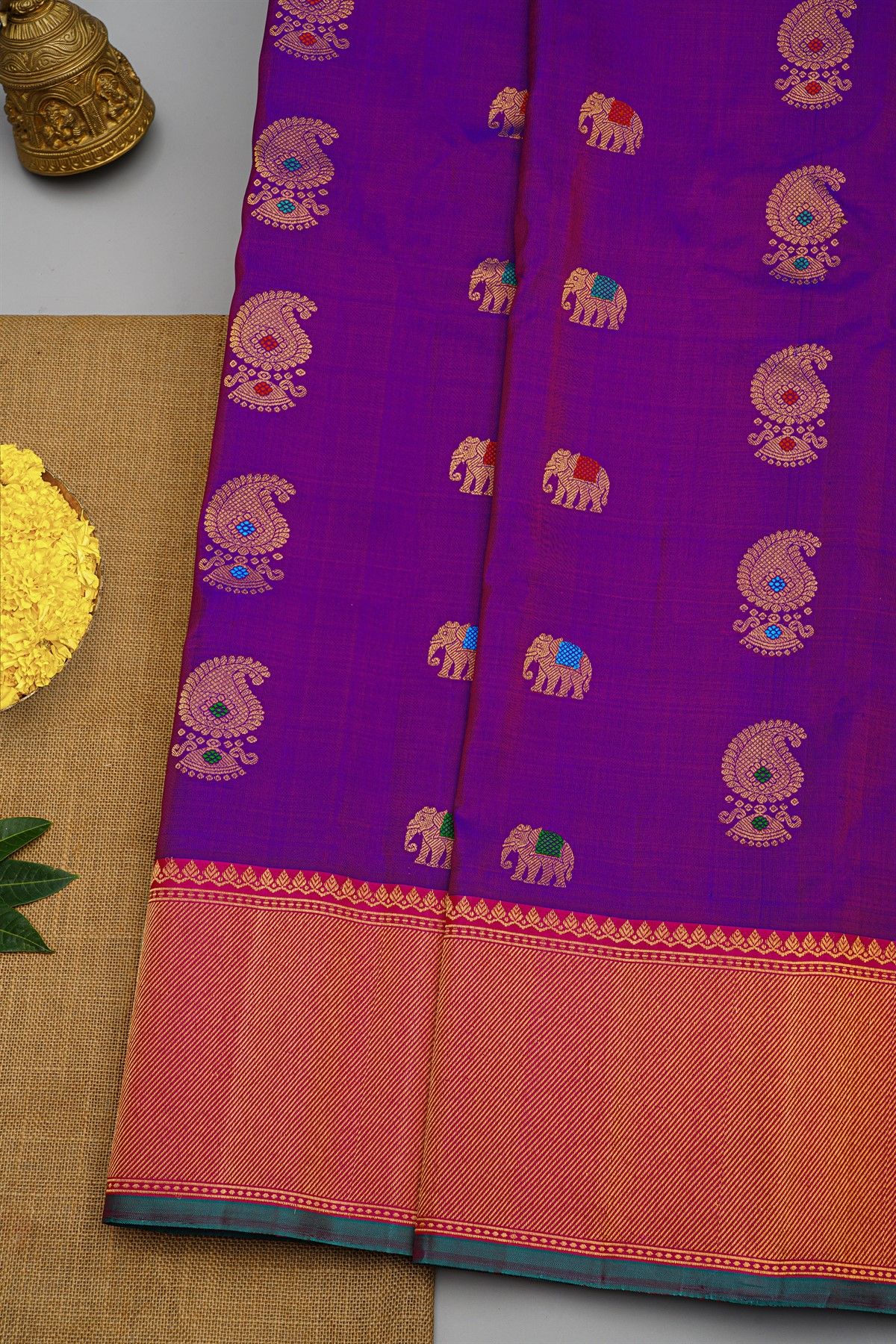 Gadwal Silk Dual Colour Saree With Paisleys And Elephant Buttis Body