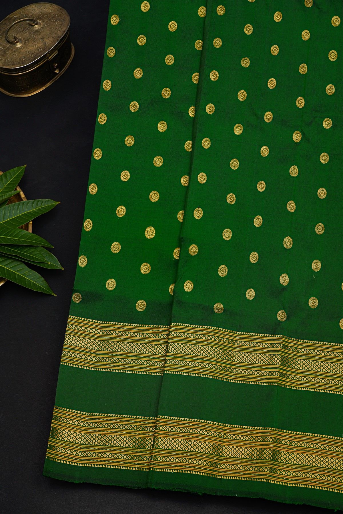 Gadwal Silk Bottle Green Saree With Floral Buttis In Zari Body