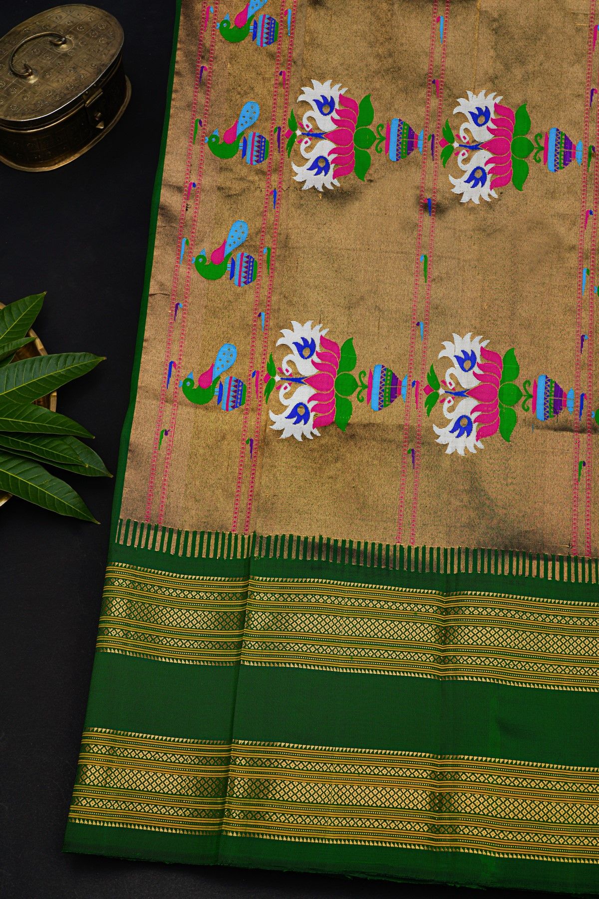 Gadwal Silk Bottle Green Saree With Floral Buttis In Zari Body