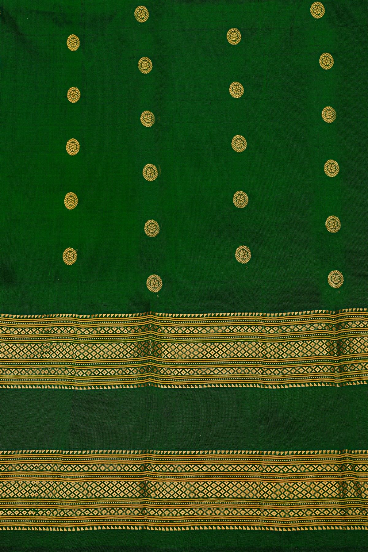 Gadwal Silk Bottle Green Saree With Floral Buttis In Zari Body