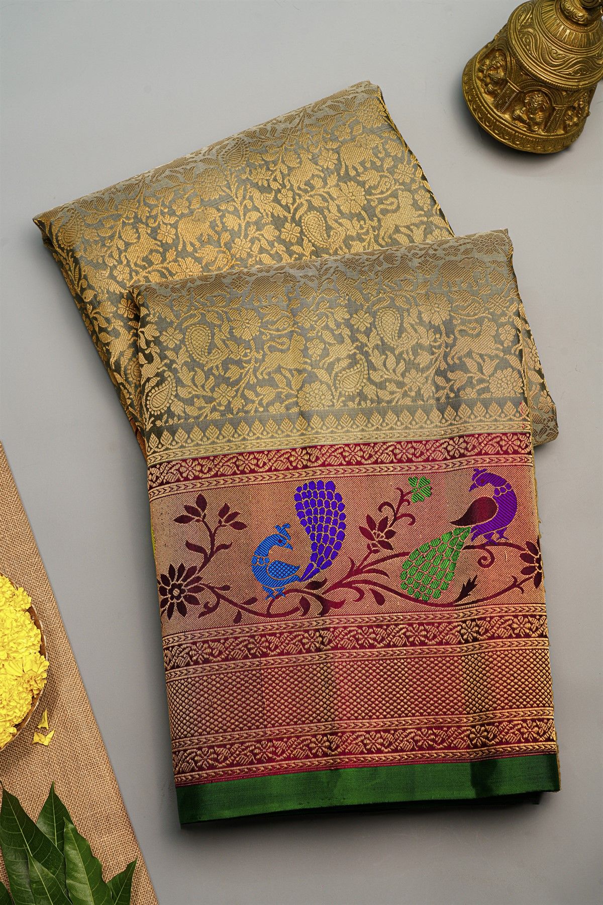 Gadwal Silk Grey Saree With Florals And Animals Body