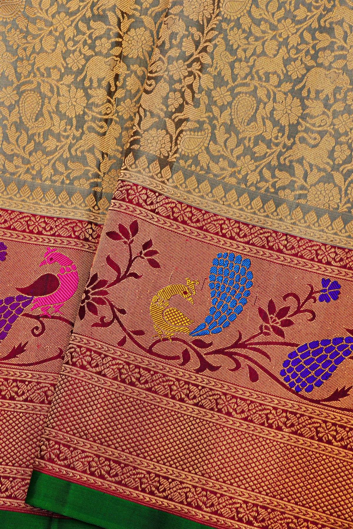 Gadwal Silk Grey Saree With Florals And Animals Body