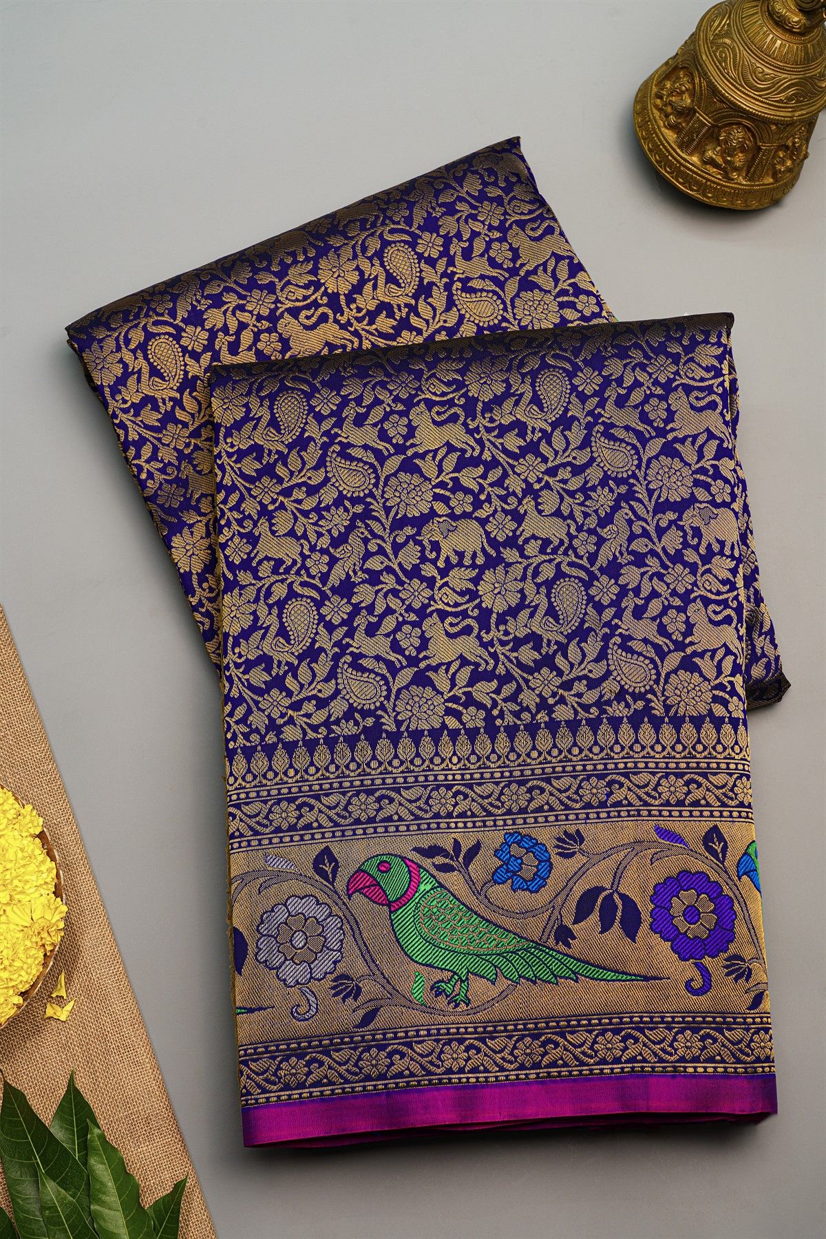 Gadwal Silk Navy Blue Saree With Florals And Parrots Border