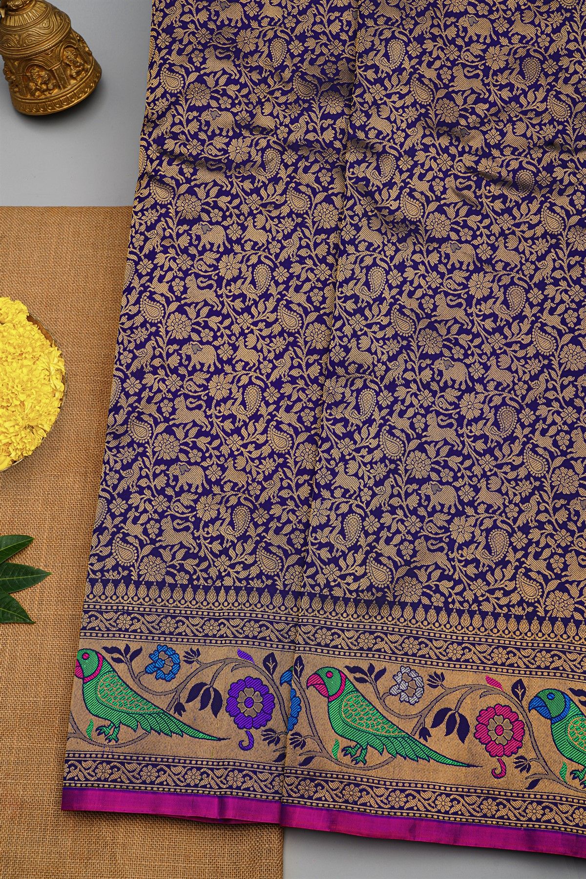 Gadwal Silk Navy Blue Saree With Florals And Parrots Border