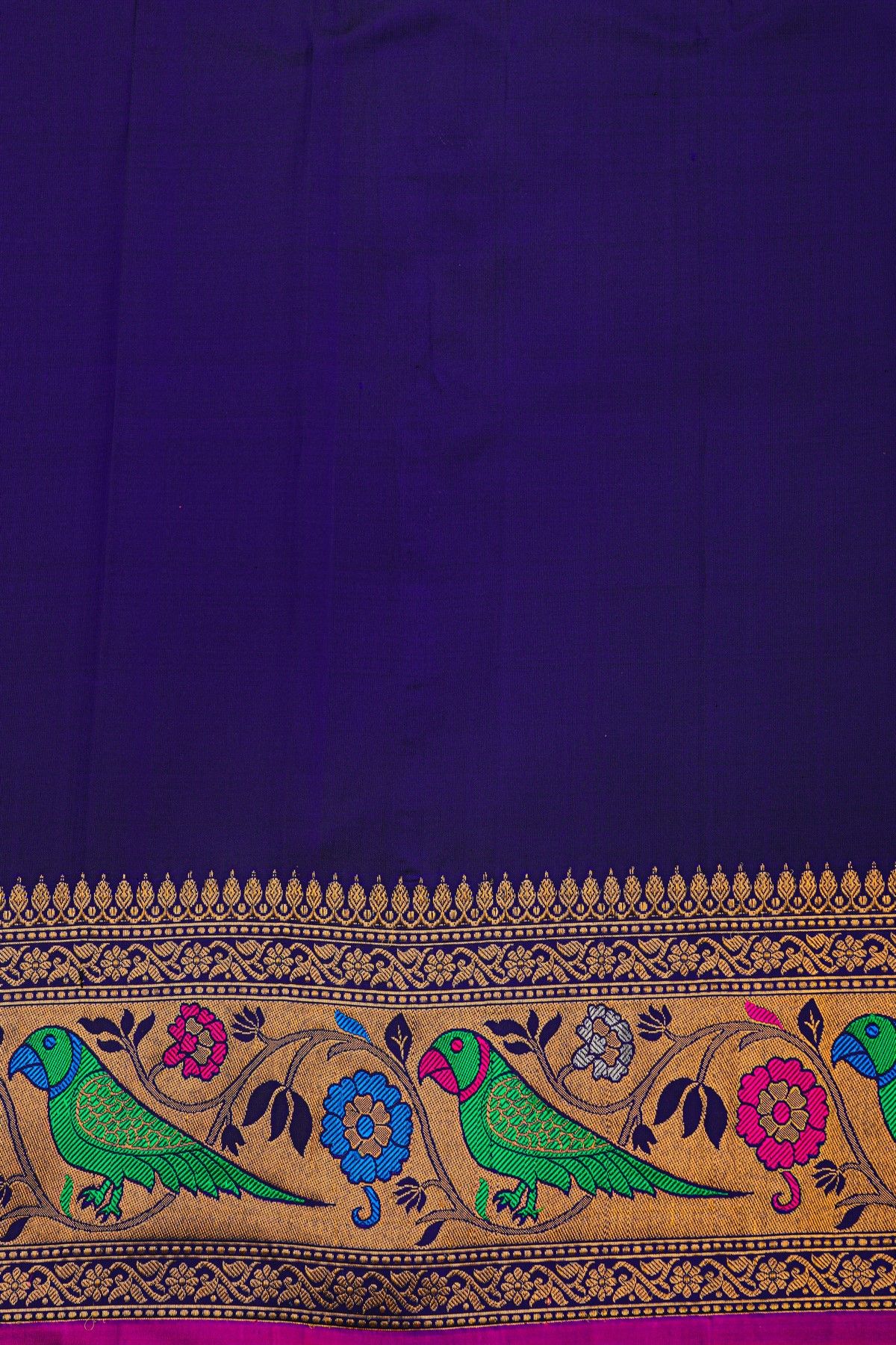 Gadwal Silk Navy Blue Saree With Florals And Parrots Border