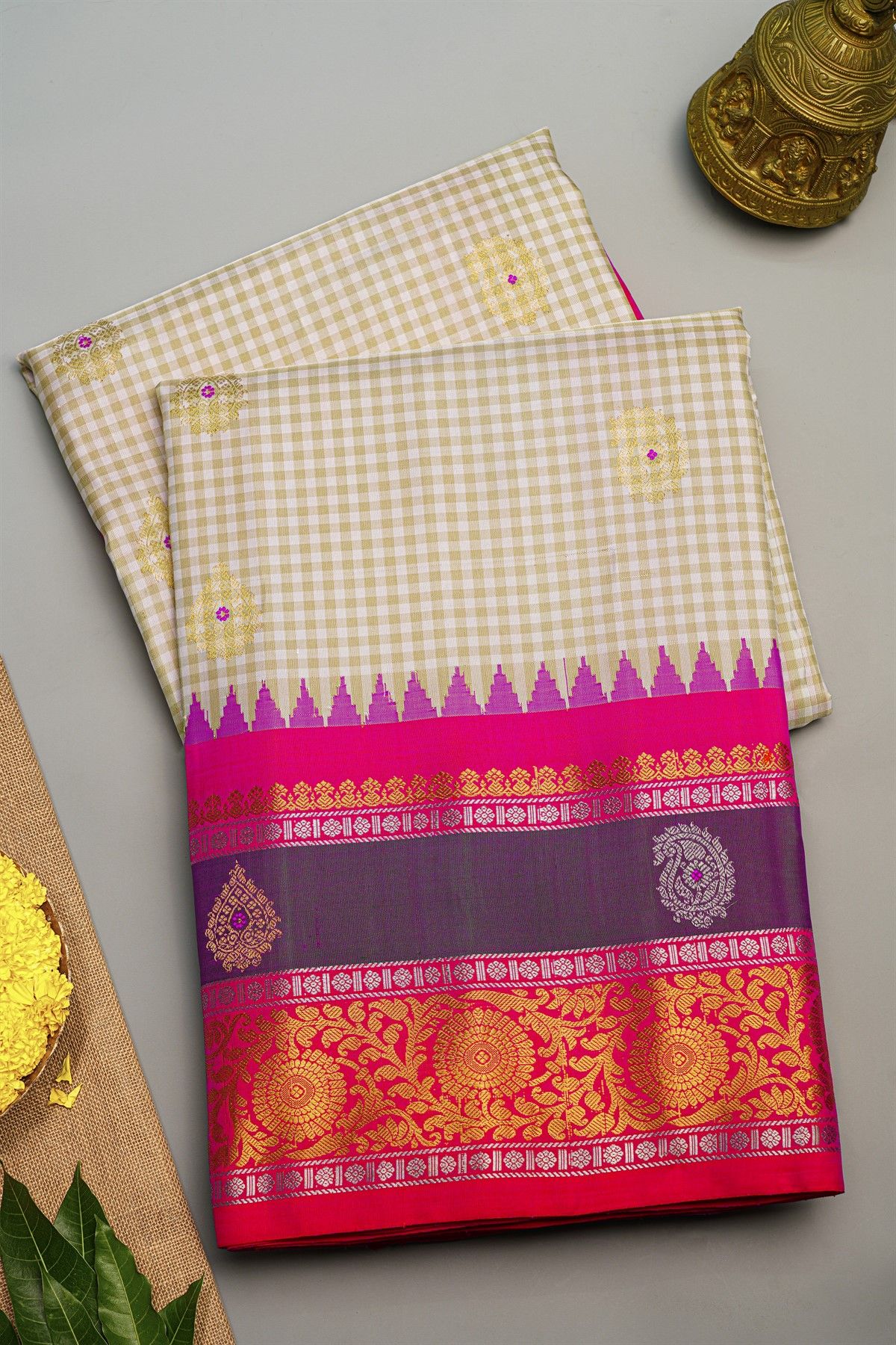 Gadwal Silk Multi Colour Saree With Checks And Floral Buttis Body