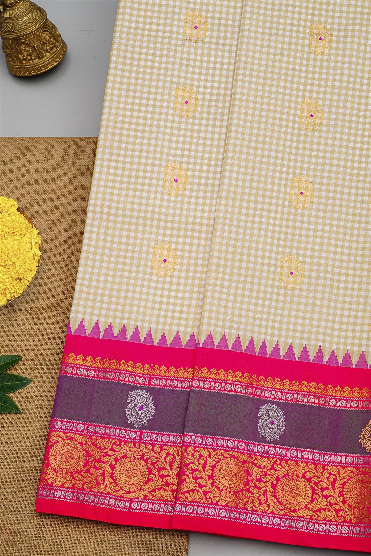Gadwal Silk Multi Colour Saree With Checks And Floral Buttis Body