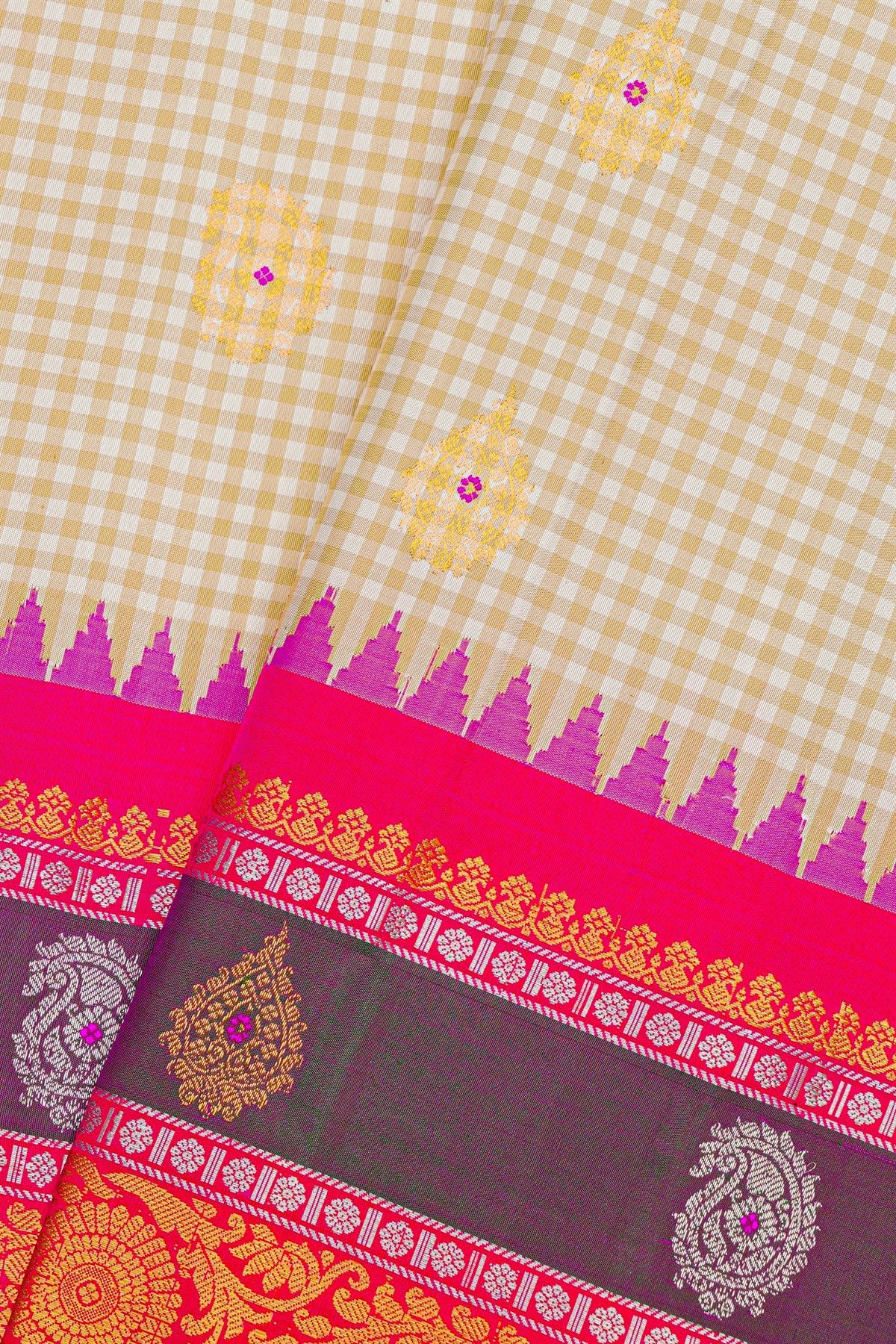 Gadwal Silk Multi Colour Saree With Checks And Floral Buttis Body