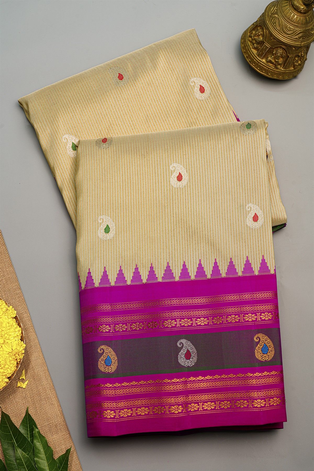 Gadwal Silk Cream Saree With Zari Lines And Paisleys Body