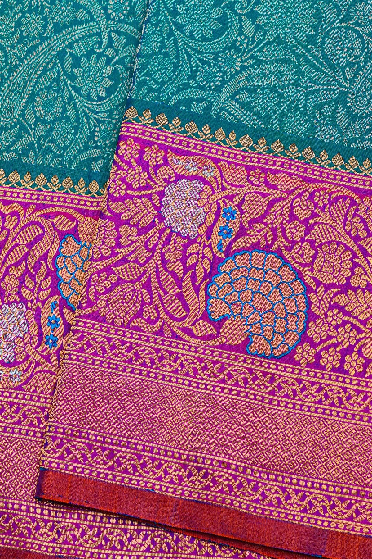 Gadwal Silk Dual Colour Saree With Florals And Leaves Jaal Border