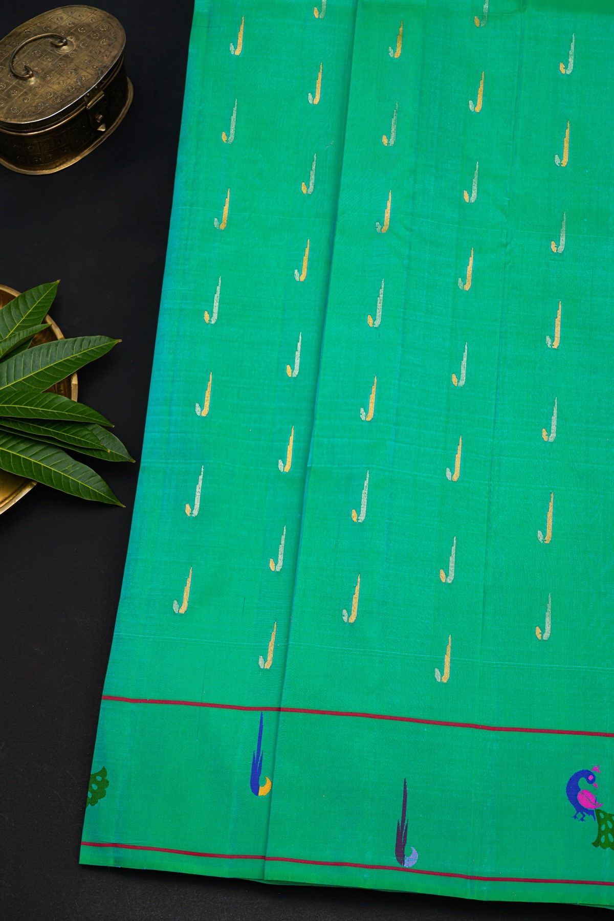 Gadwal Silk Sea Green Saree With All Over Muniya Buttis Body