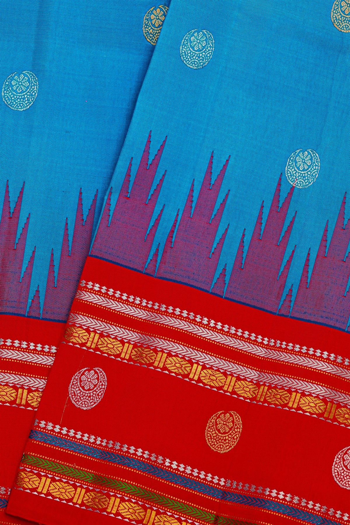 Gadwal Silk Sky Blue Saree With Florals And Buttis Border