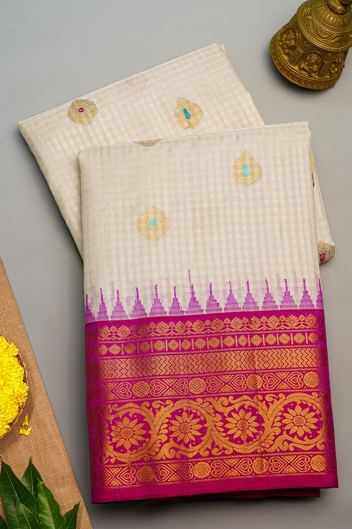 Gadwal Silk Multi Colour Saree With Checks And Floral Buttis Body