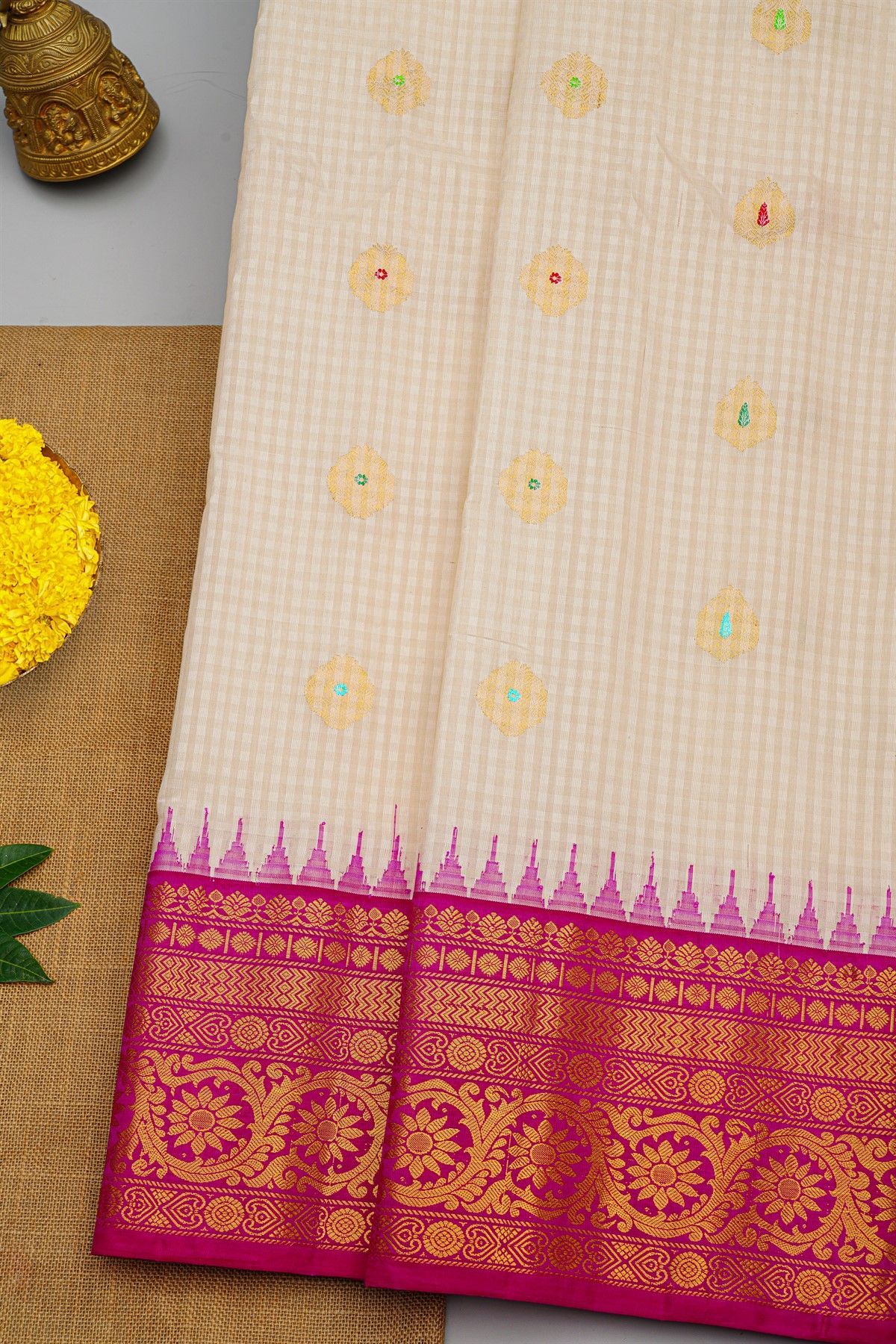 Gadwal Silk Multi Colour Saree With Checks And Floral Buttis Body
