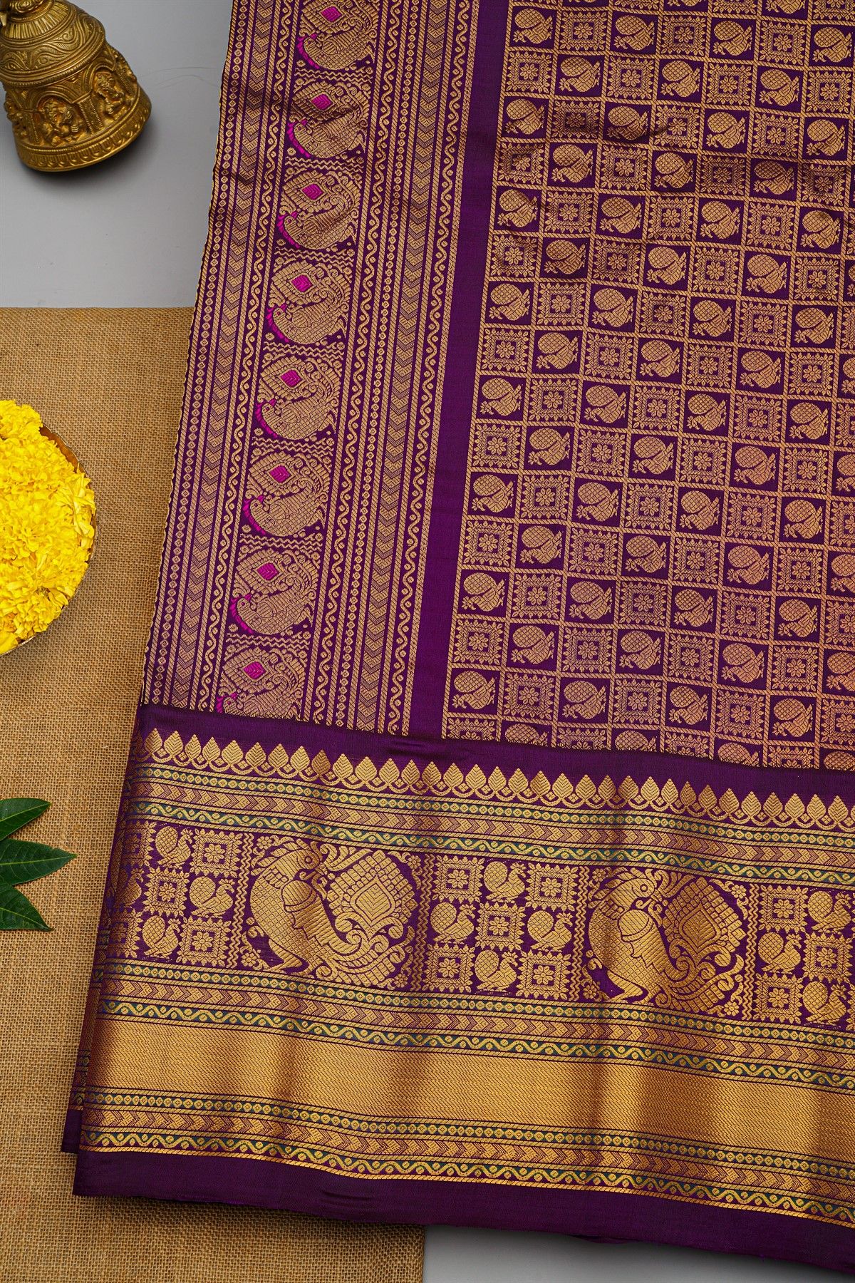 Gadwal Silk Pink Saree With Florals And Peacock Buttis Body