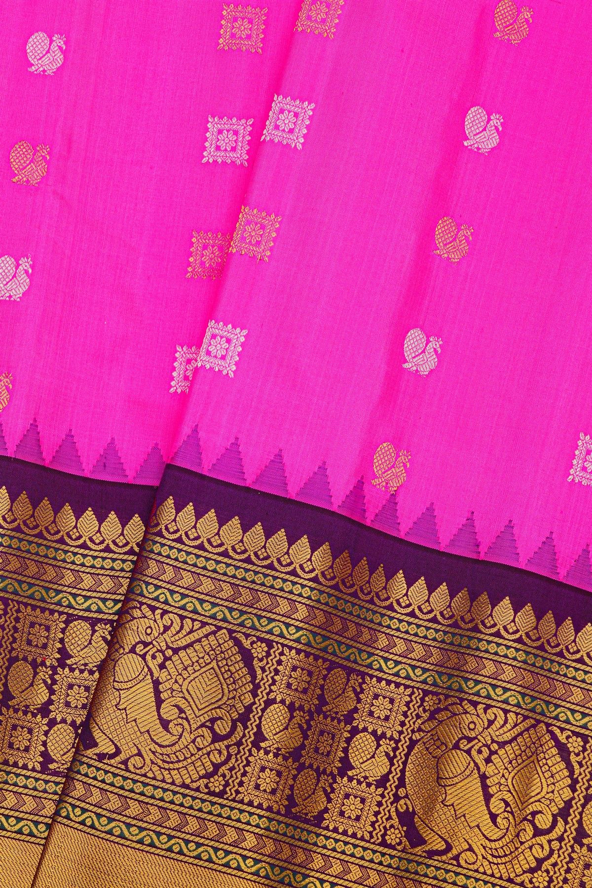 Gadwal Silk Pink Saree With Florals And Peacock Buttis Body