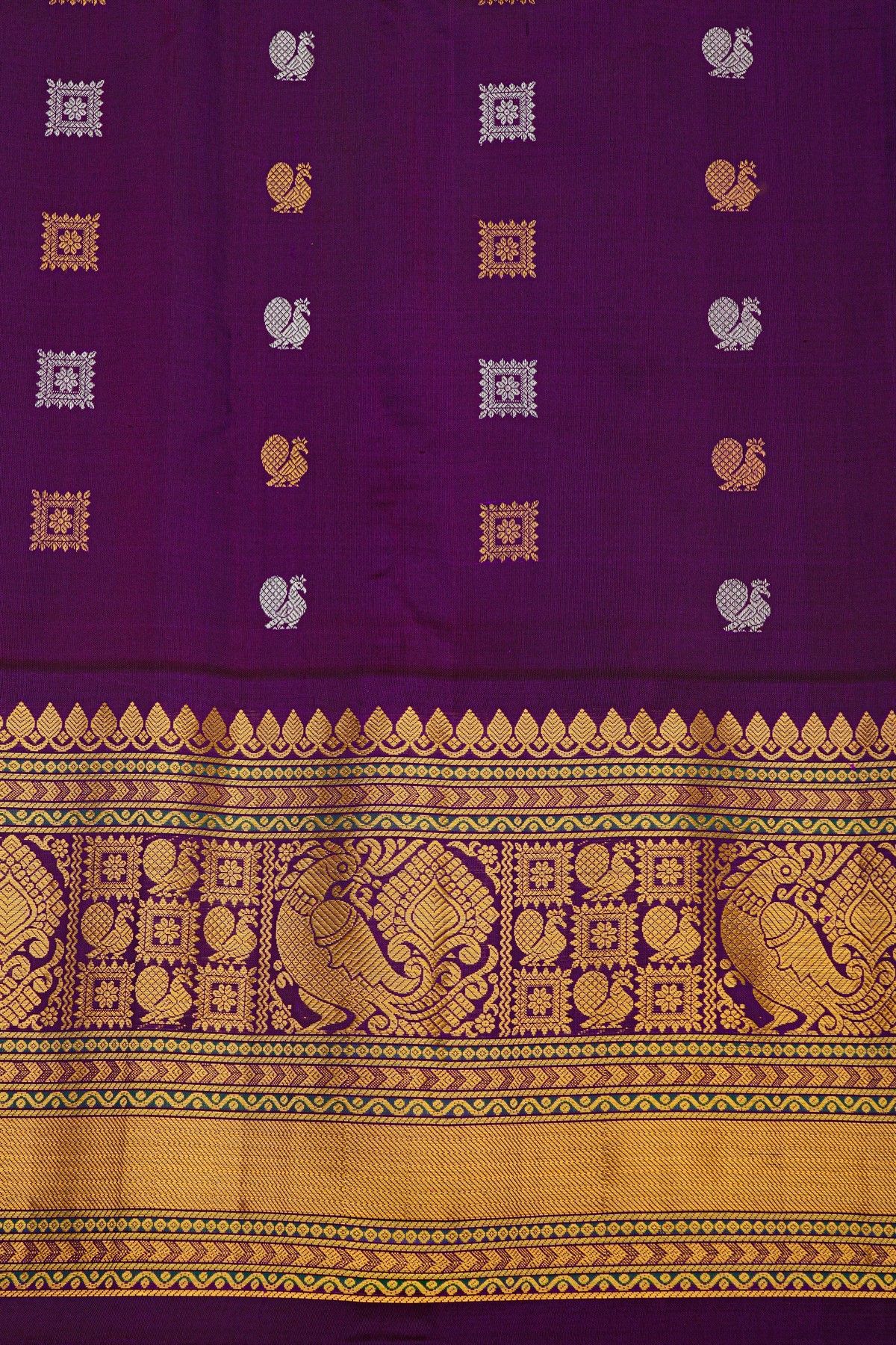 Gadwal Silk Pink Saree With Florals And Peacock Buttis Body