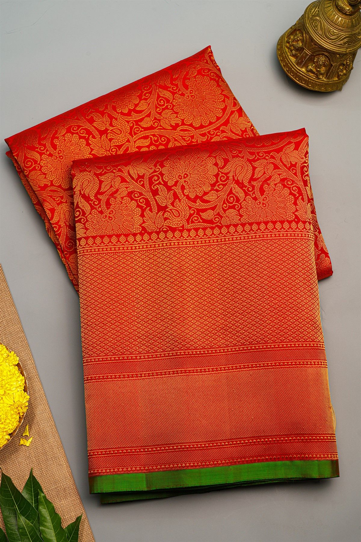 Gadwal Silk Red Saree With Cross Lines And Diamonds Border