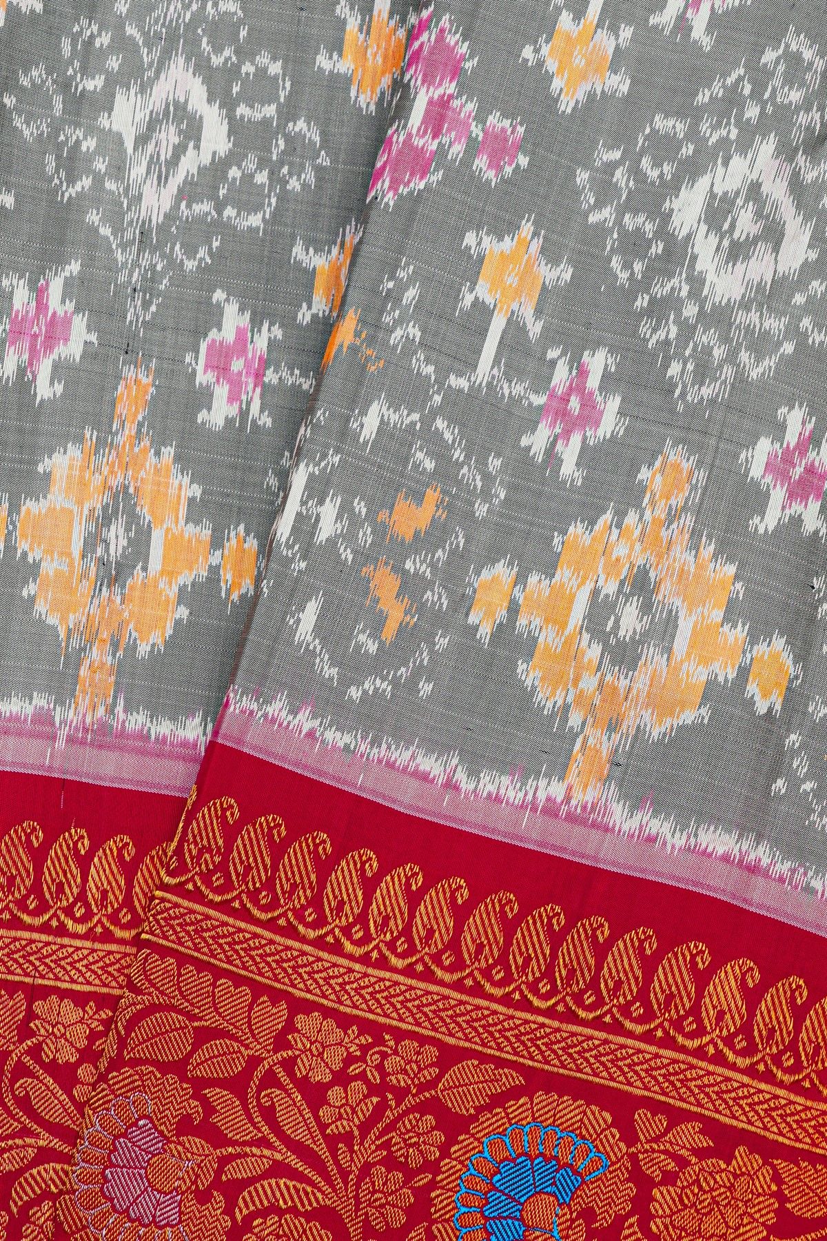Gadwal Silk Grey Saree With Florals And Leaves In Ikat Print Body