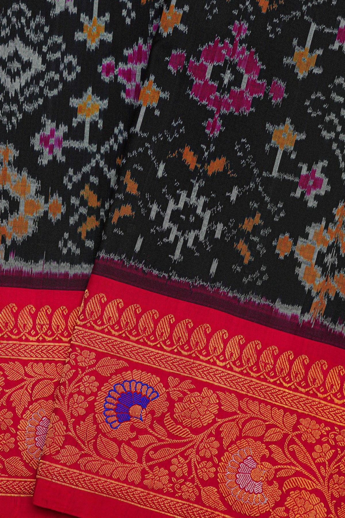 Gadwal Silk Black Saree With Florals And Leaves In Ikat Print Body