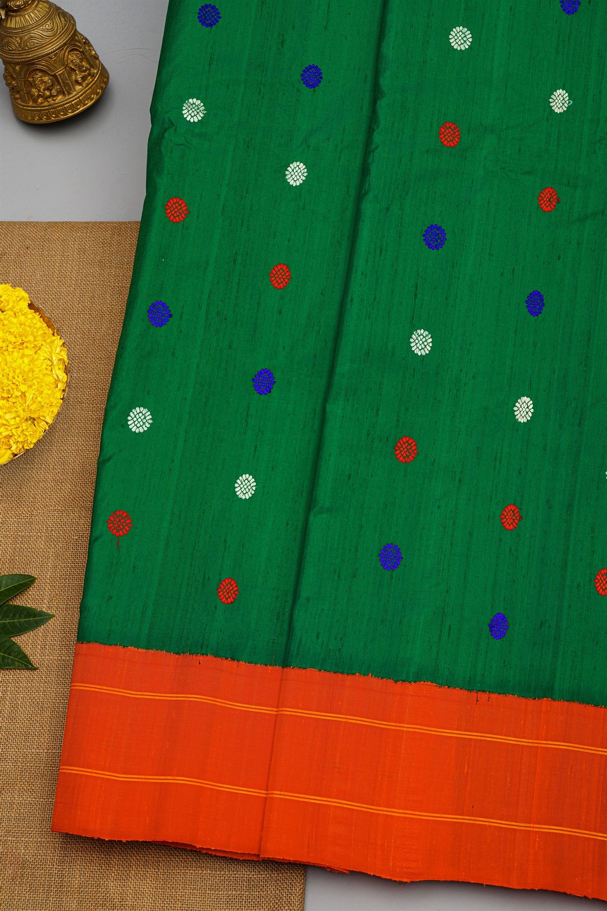 Gadwal Silk Bottle Green Saree With Floral Buttis Body
