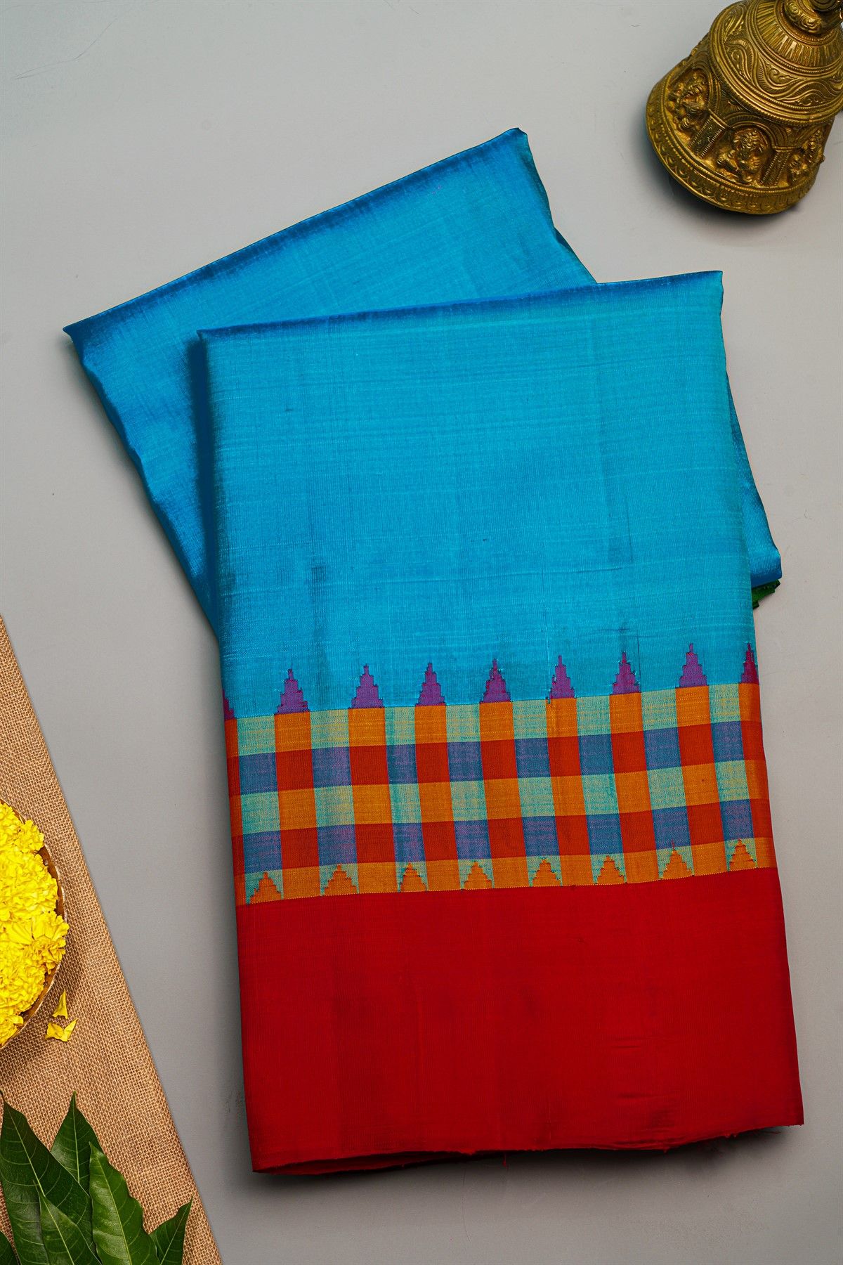 Gadwal Silk Sea Blue Saree With Plain Checks Border