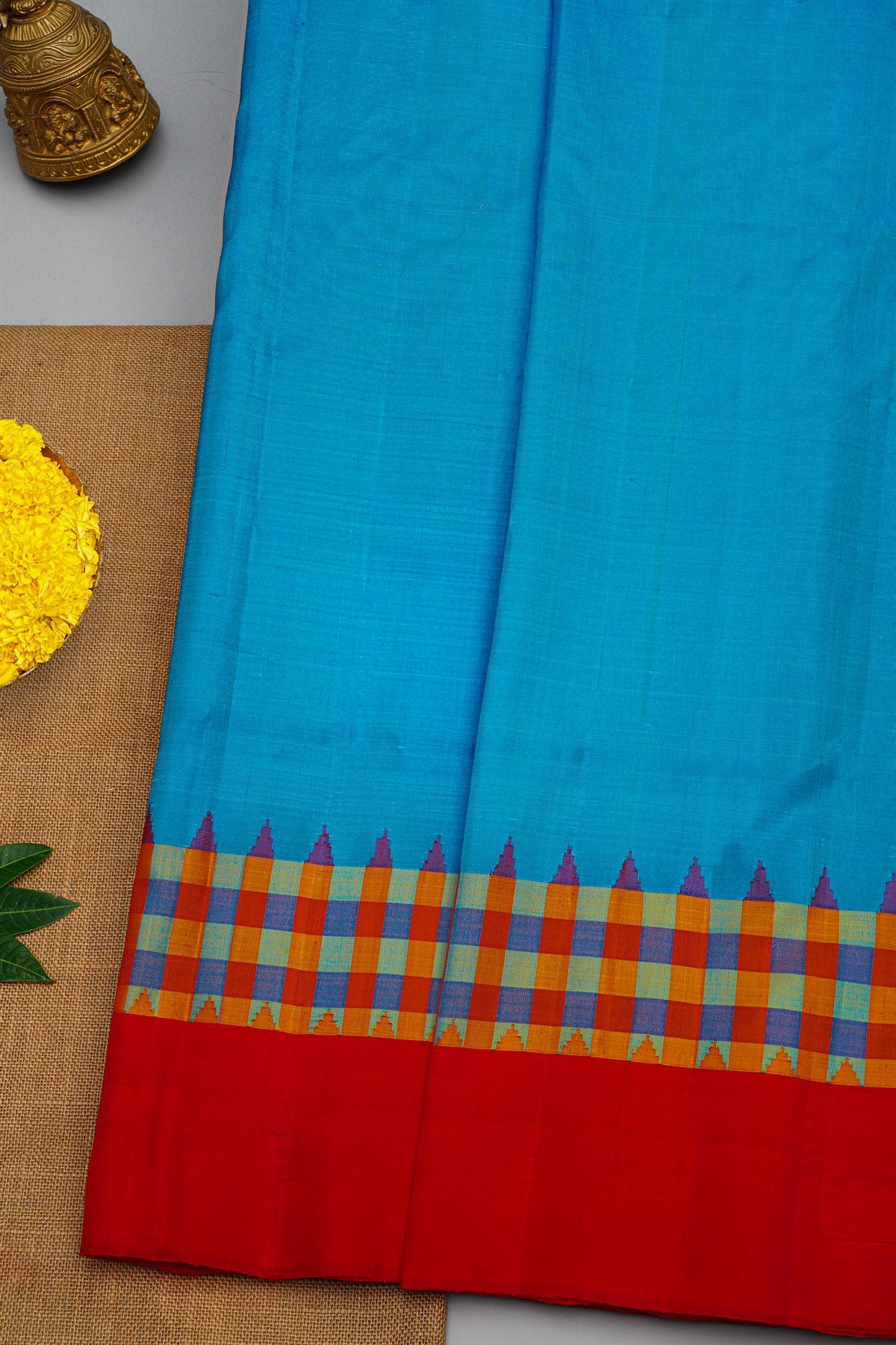 Gadwal Silk Sea Blue Saree With Plain Checks Border