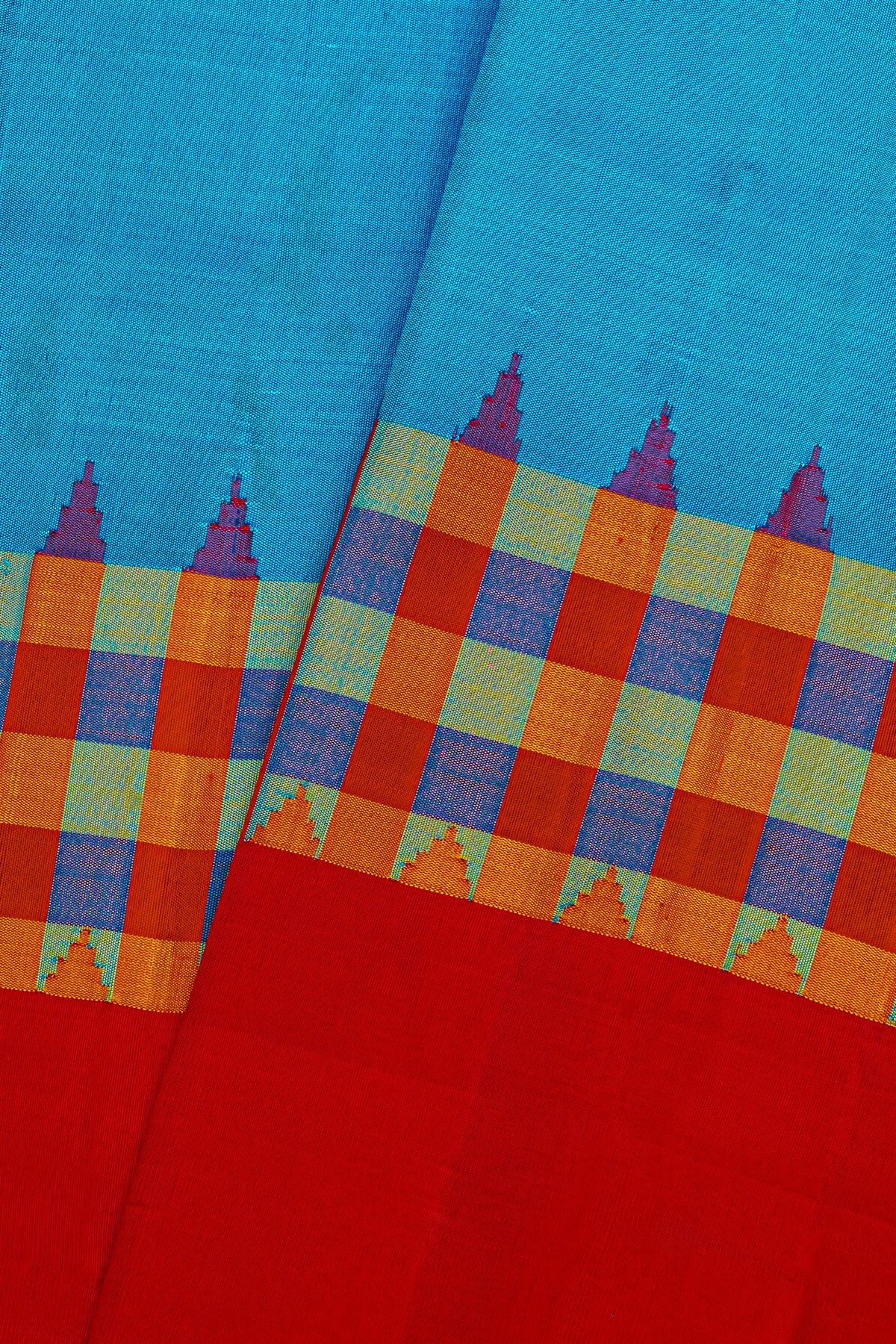 Gadwal Silk Sea Blue Saree With Plain Checks Border