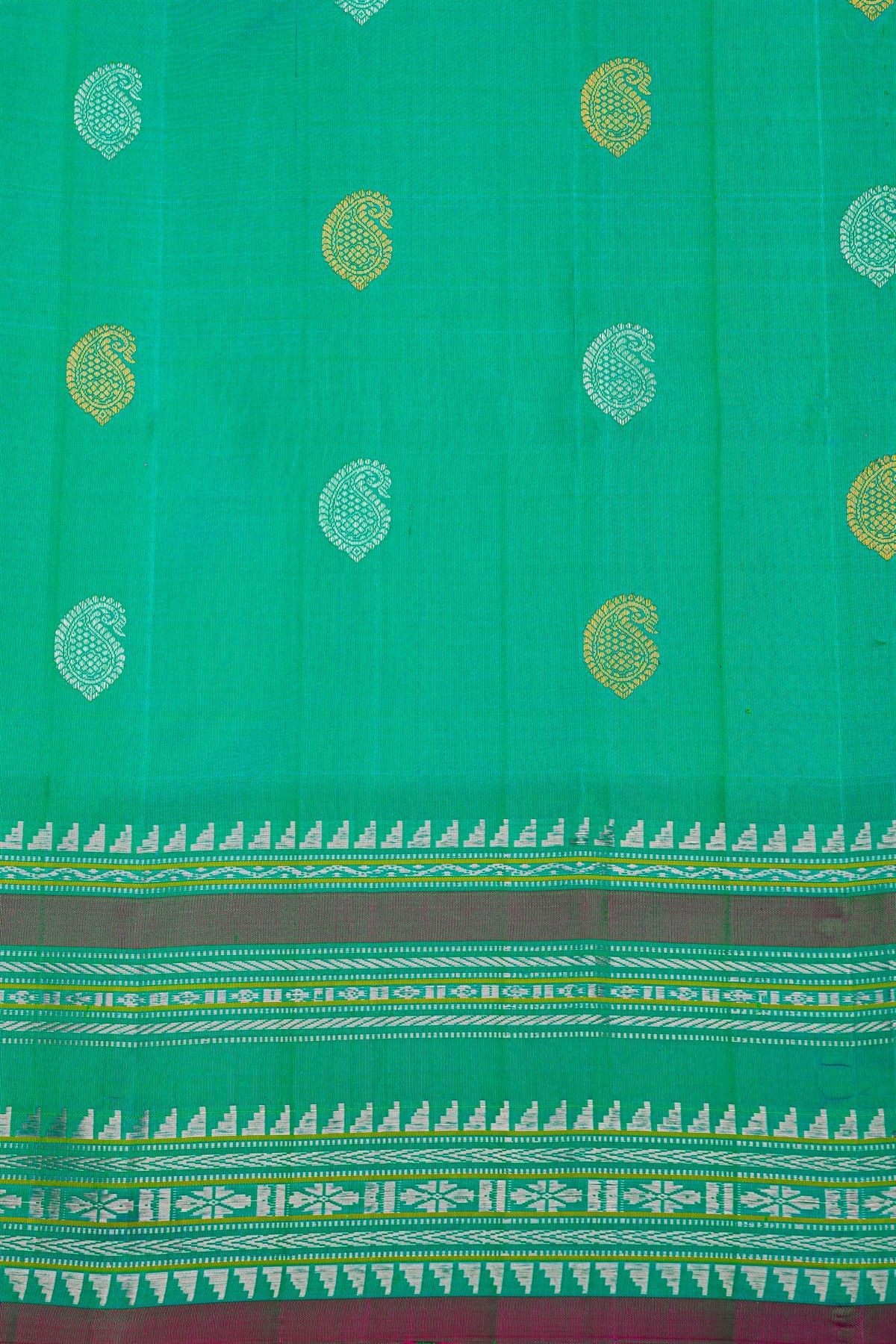 Gadwal Silk Rama Green Saree With Florals And Buttis Border