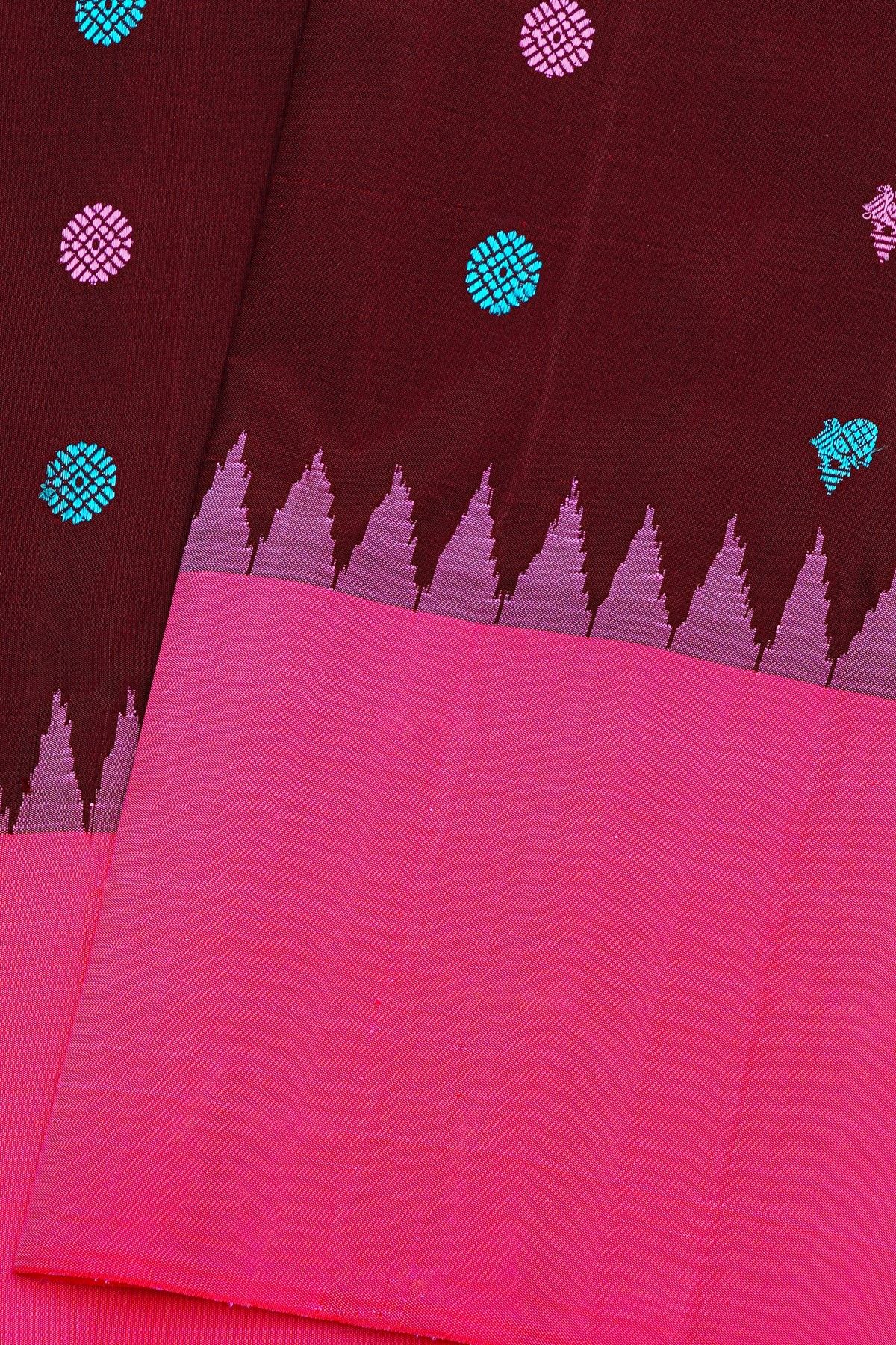 Gadwal Silk Maroon Saree With Florals And Peacock Buttis Body