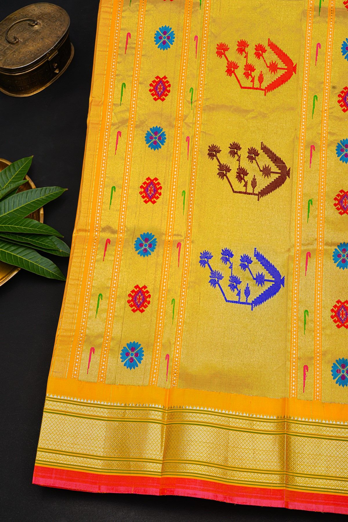 Gadwal Silk Yellow Saree With Florals And Leaves In Zari Body