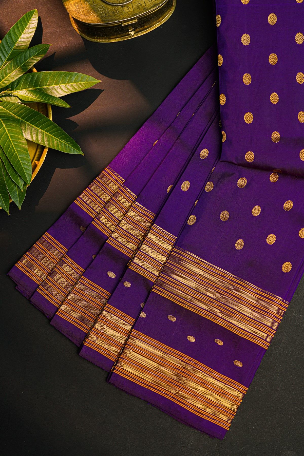 Gadwal Silk Dark Purple Saree With Florals And Leaves In Zari Body