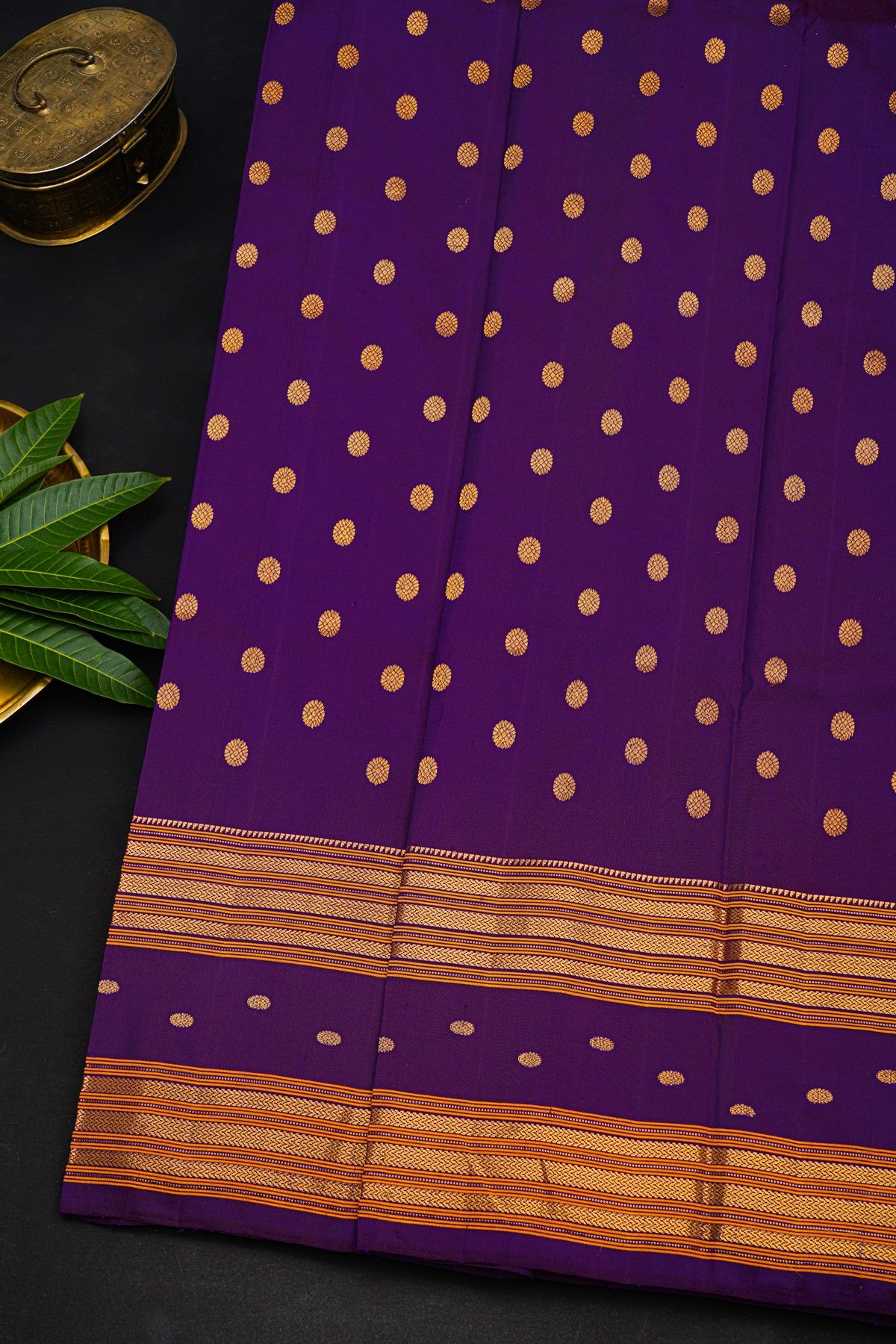 Gadwal Silk Dark Purple Saree With Florals And Leaves In Zari Body