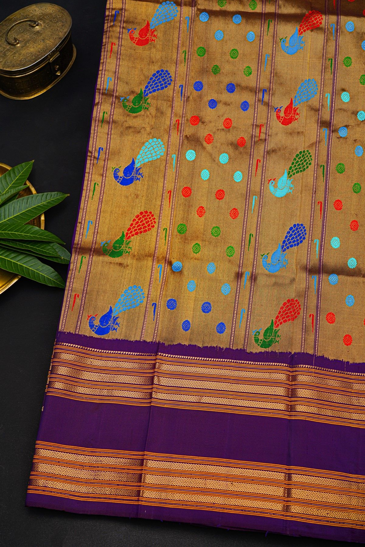 Gadwal Silk Dark Purple Saree With Florals And Leaves In Zari Body