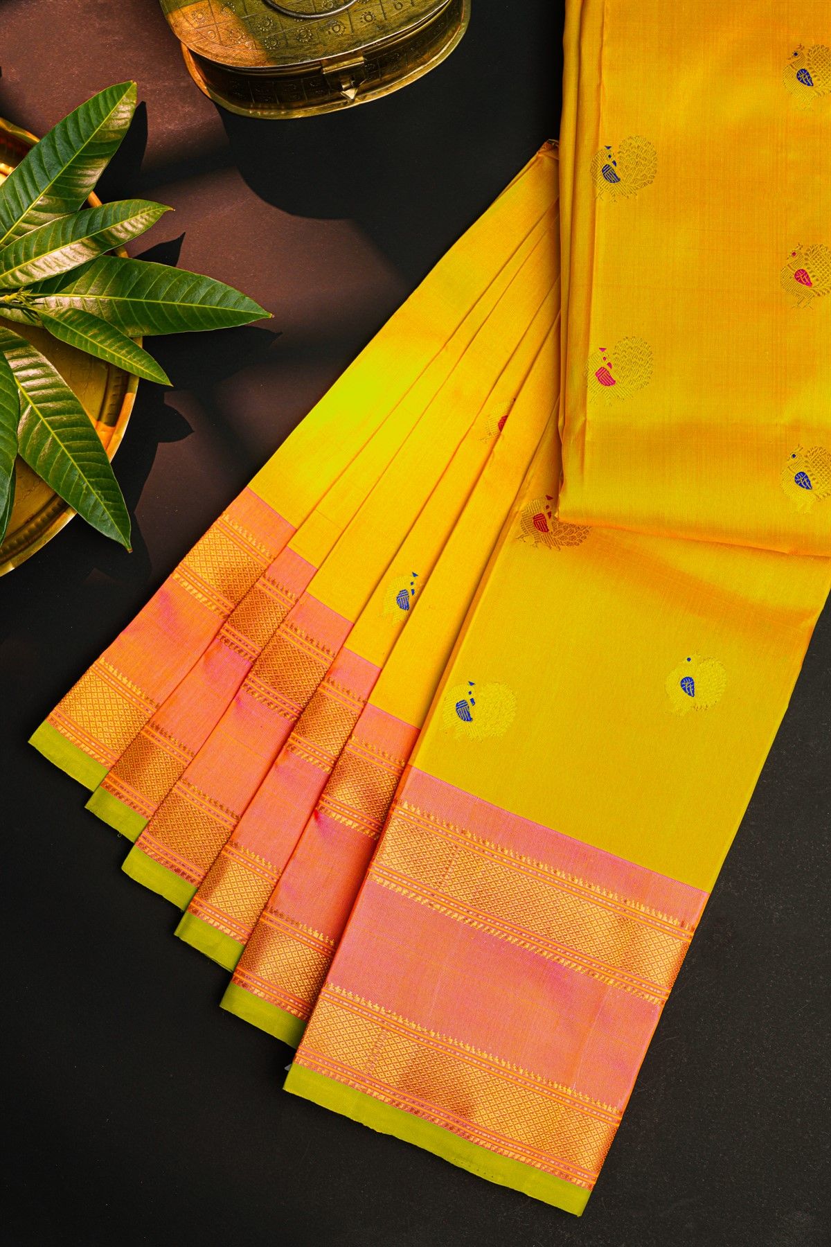 Gadwal Silk Yellow Saree With Floral And Peacock Zari Body
