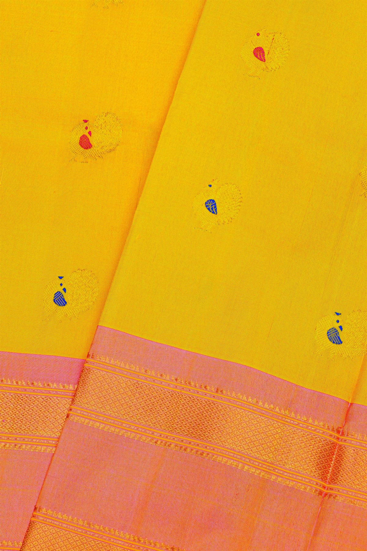 Gadwal Silk Yellow Saree With Floral And Peacock Zari Body