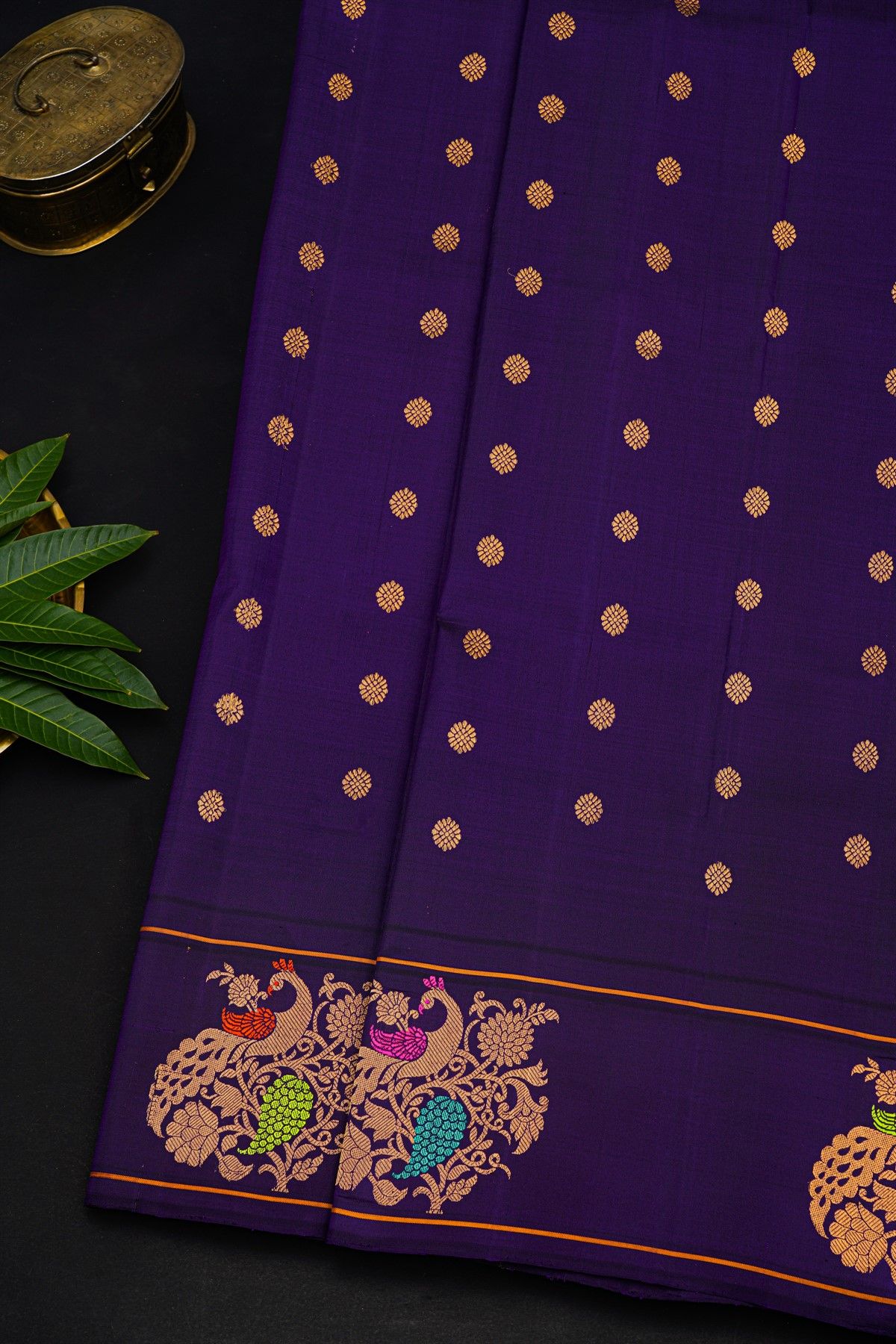 Gadwal Silk Navy Blue Saree With Florals And Peacock Zari Border