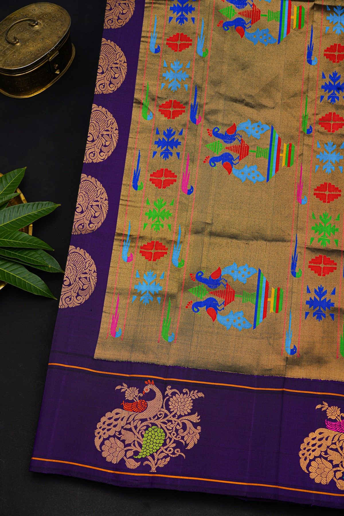 Gadwal Silk Navy Blue Saree With Florals And Peacock Zari Border