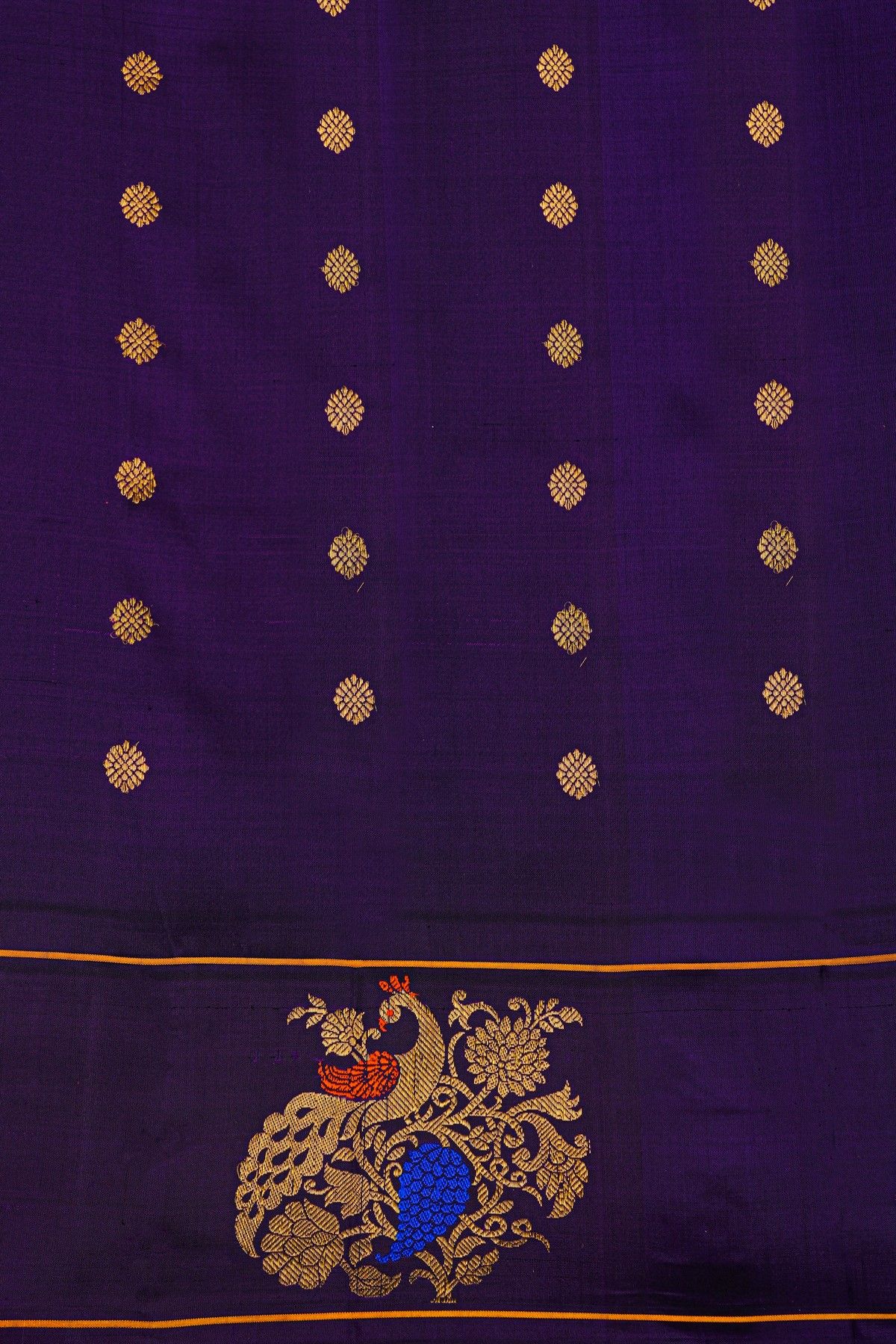Gadwal Silk Navy Blue Saree With Florals And Peacock Zari Border
