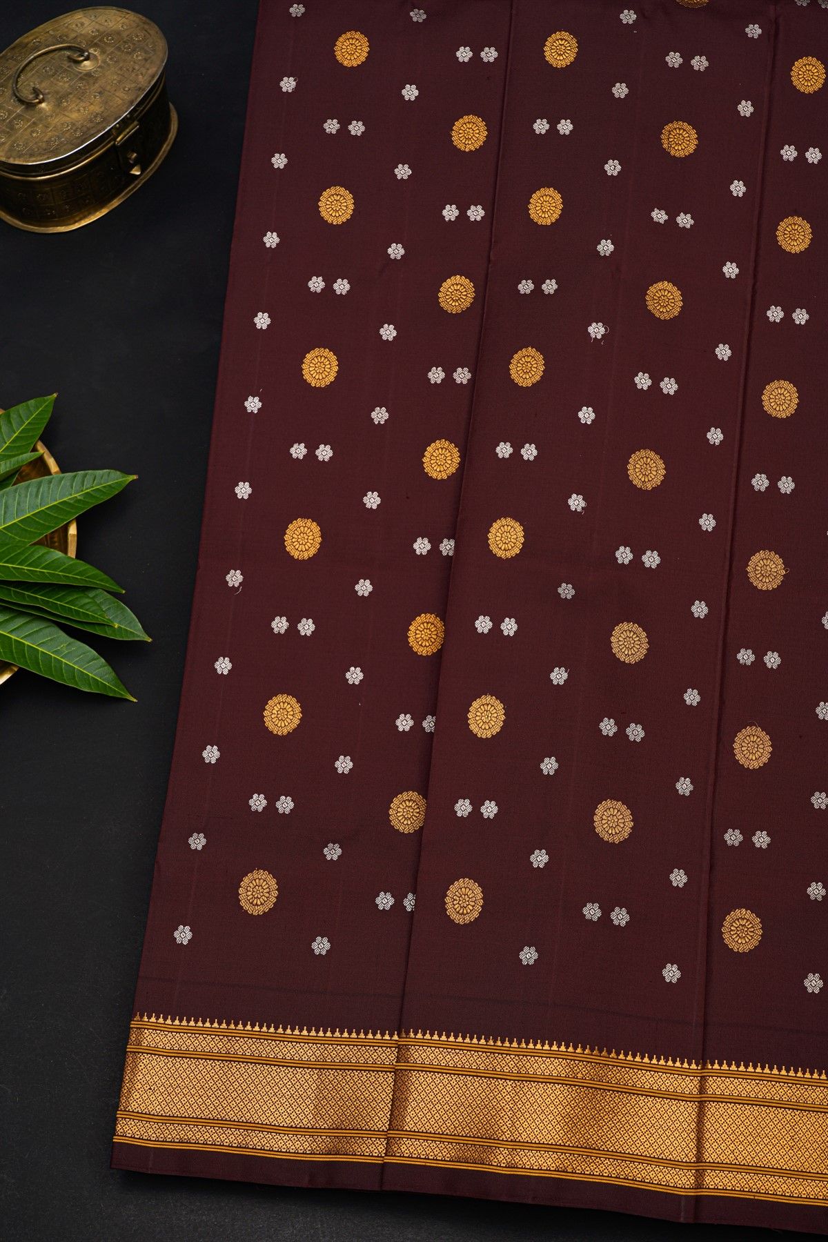 Gadwal Silk Brown Saree With Florals And Leaves Body