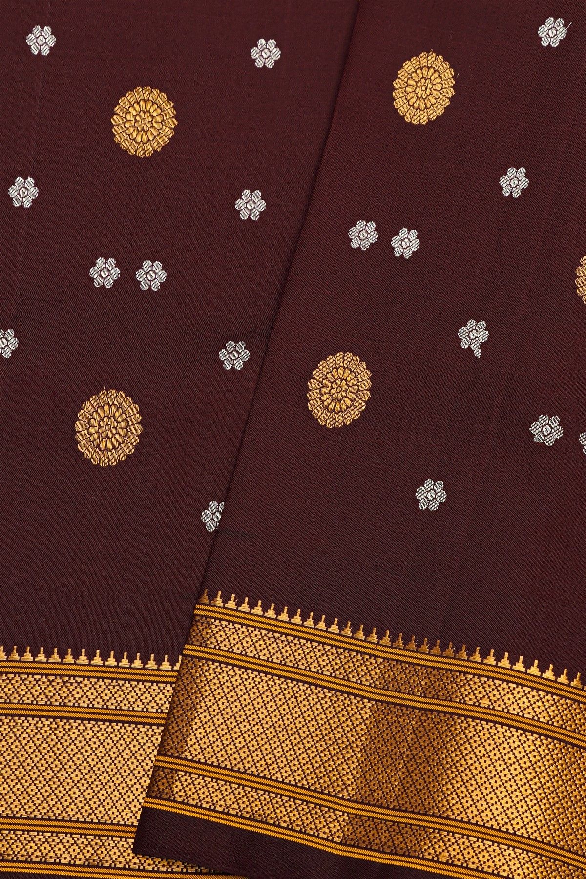 Gadwal Silk Brown Saree With Florals And Leaves Body