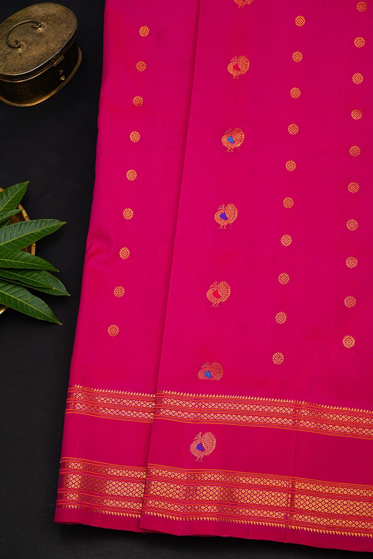 Gadwal Silk Magenta Saree With Floral And Peacock Zari Body
