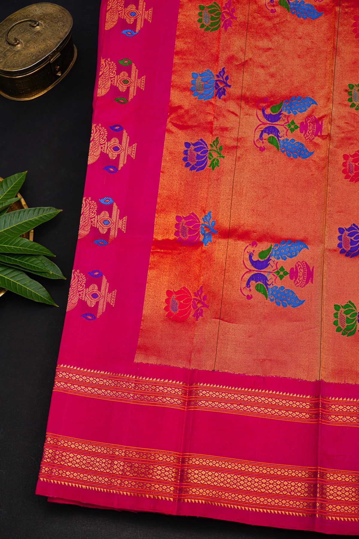 Gadwal Silk Magenta Saree With Floral And Peacock Zari Body