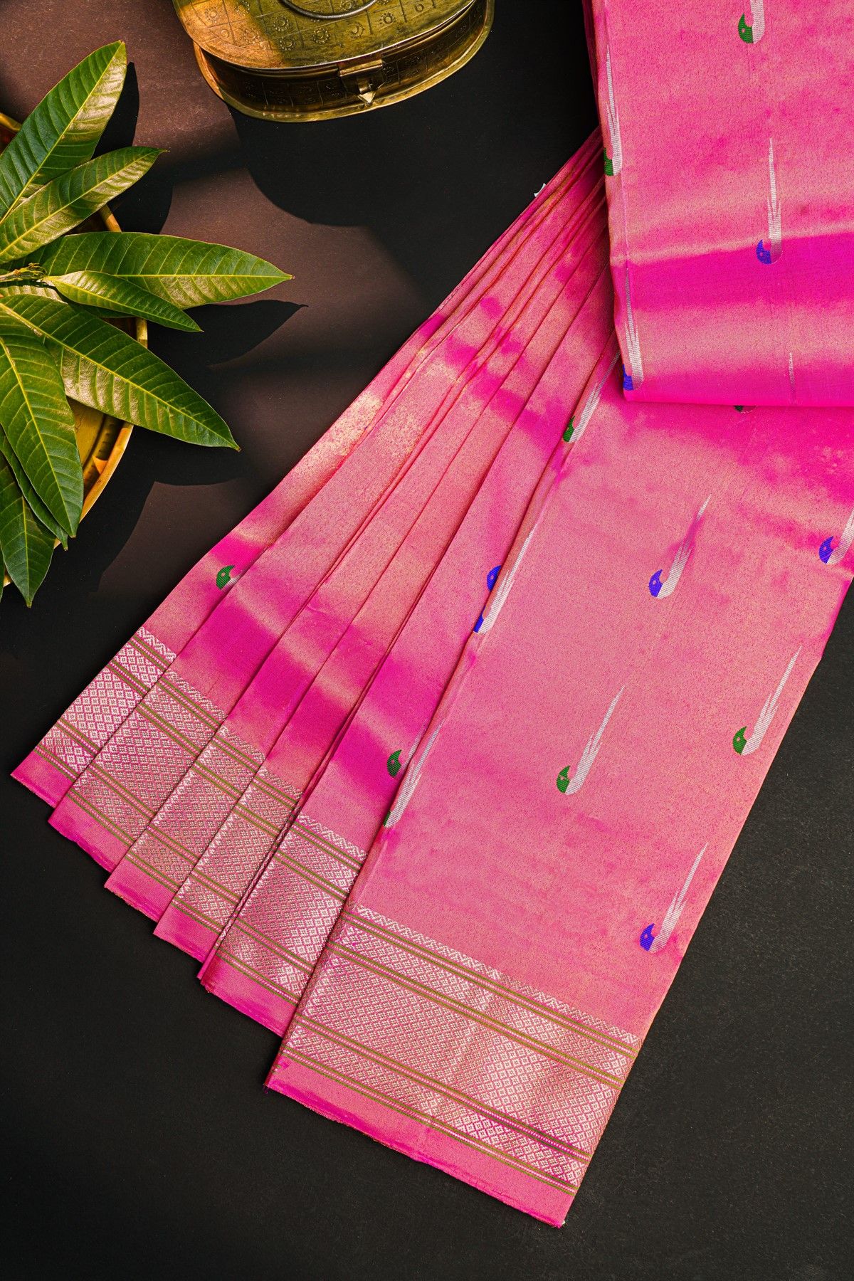 Gadwal Silk Baby Pink Saree With Muniya Buttis Body